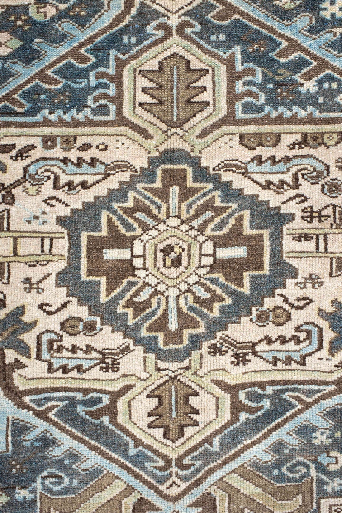 9' x 11' one-of-a-kind handmade antique Karaje large size rug. Color palette: ivory, brown, slate, taupe, camel, charcoal