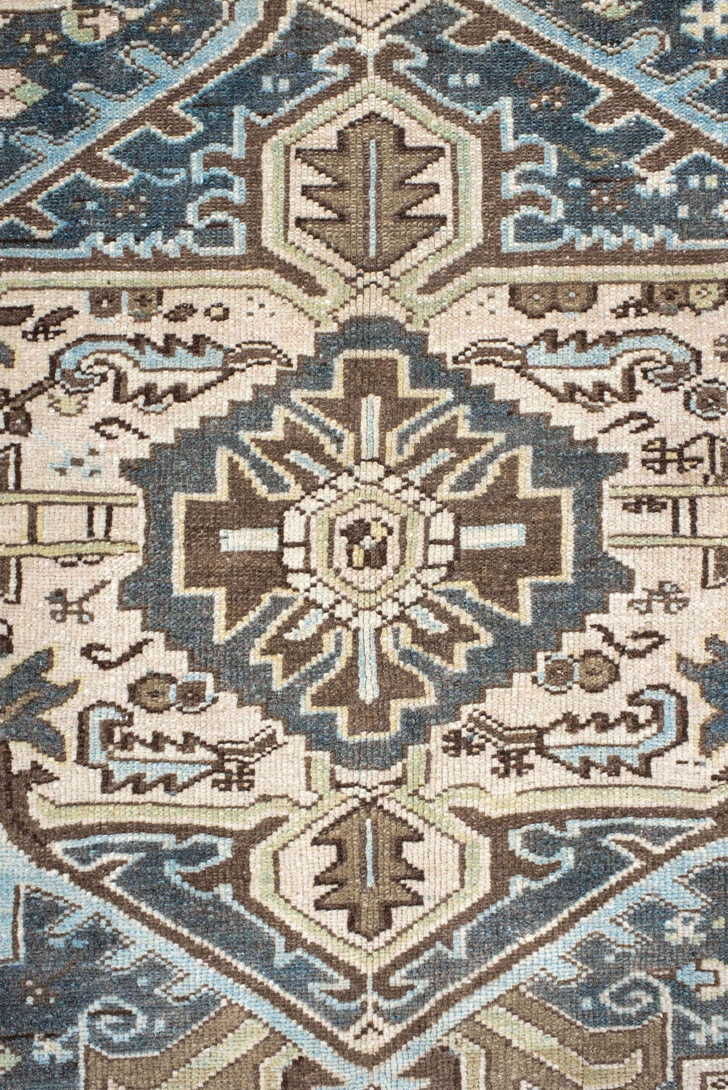 9' x 11' one-of-a-kind handmade antique Karaje large size rug. Color palette: ivory, brown, slate, taupe, camel, charcoal