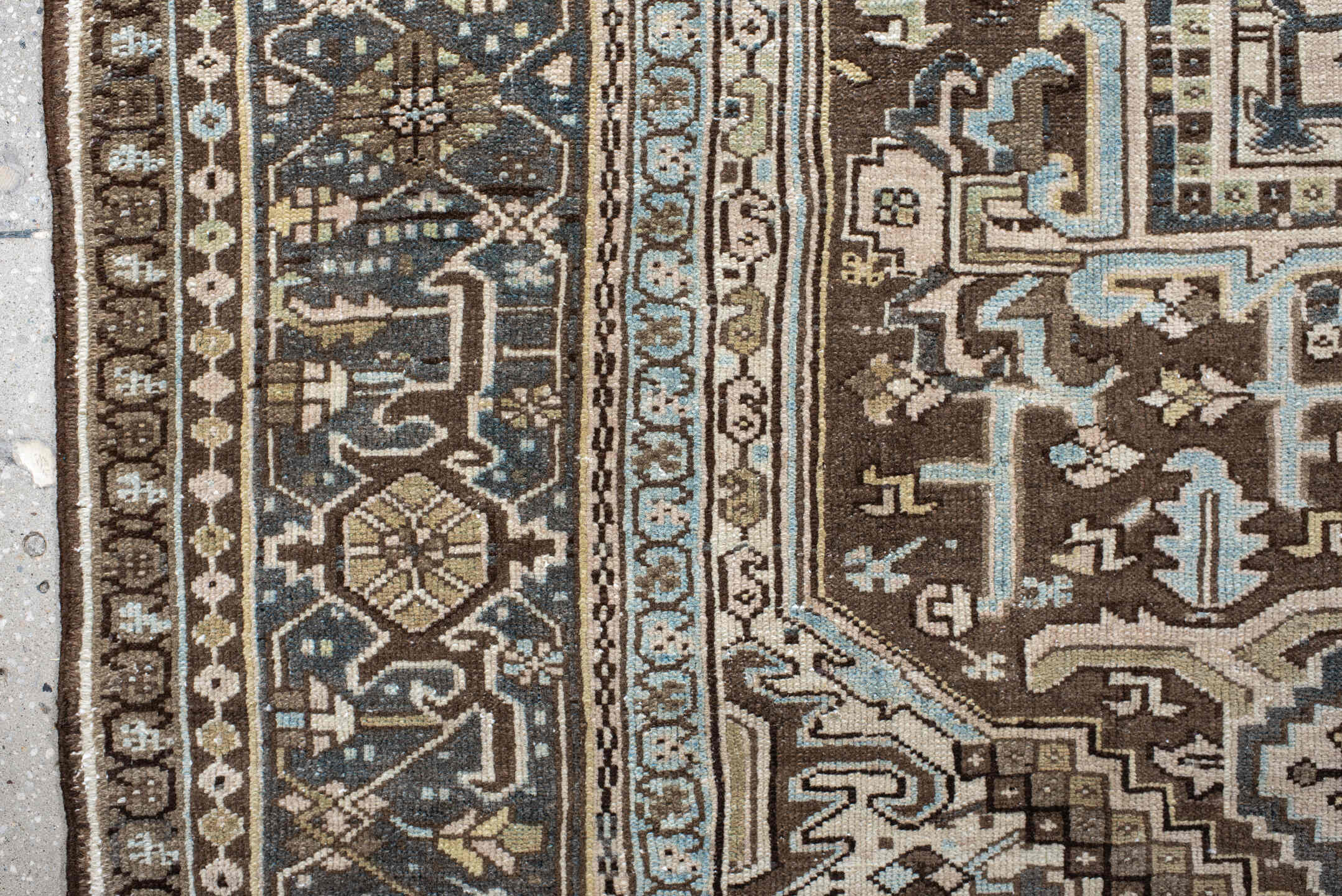 9' x 11' one-of-a-kind handmade antique Karaje large size rug. Color palette: ivory, brown, slate, taupe, camel, charcoal