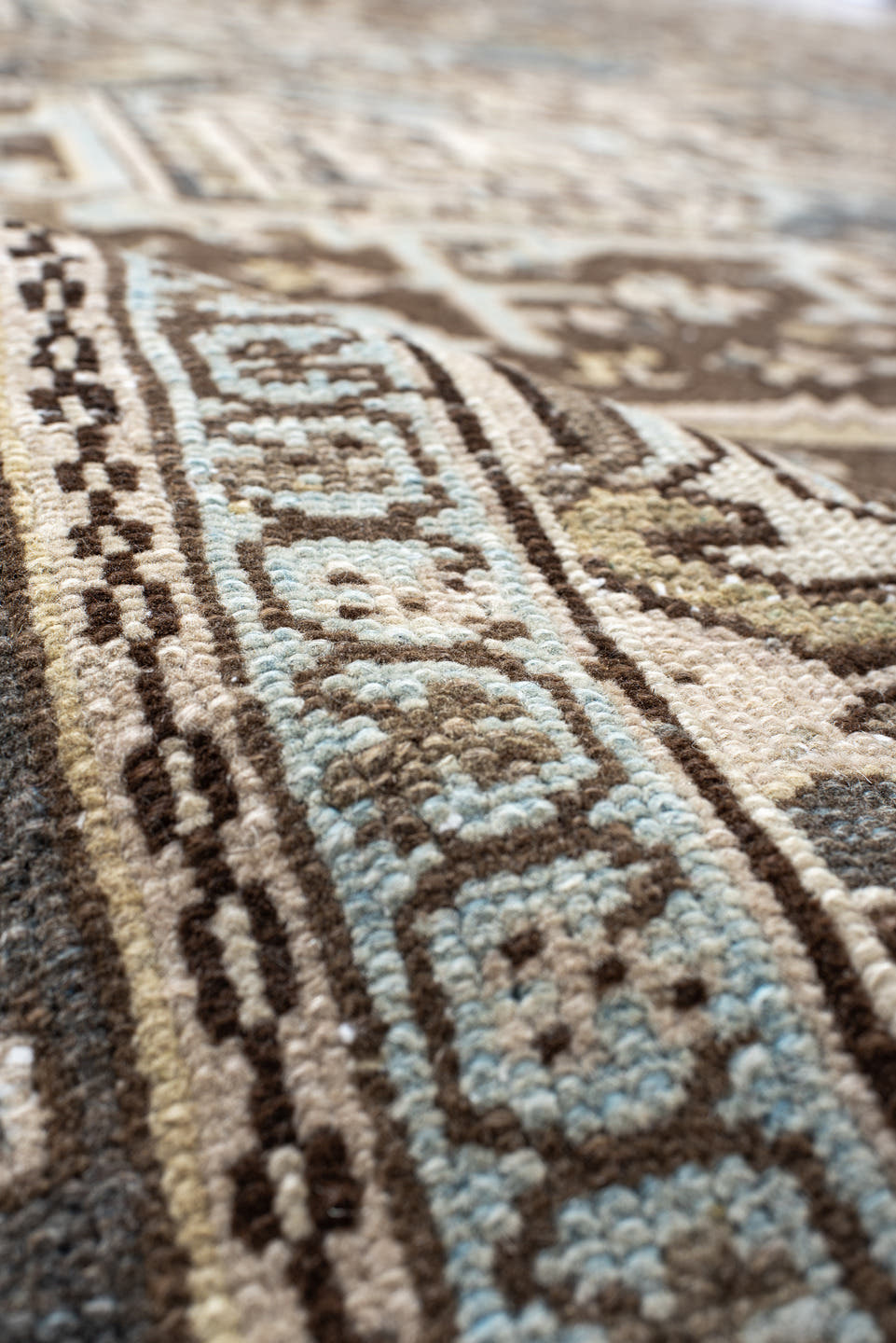 9' x 11' one-of-a-kind handmade antique Karaje large size rug. Color palette: ivory, brown, slate, taupe, camel, charcoal