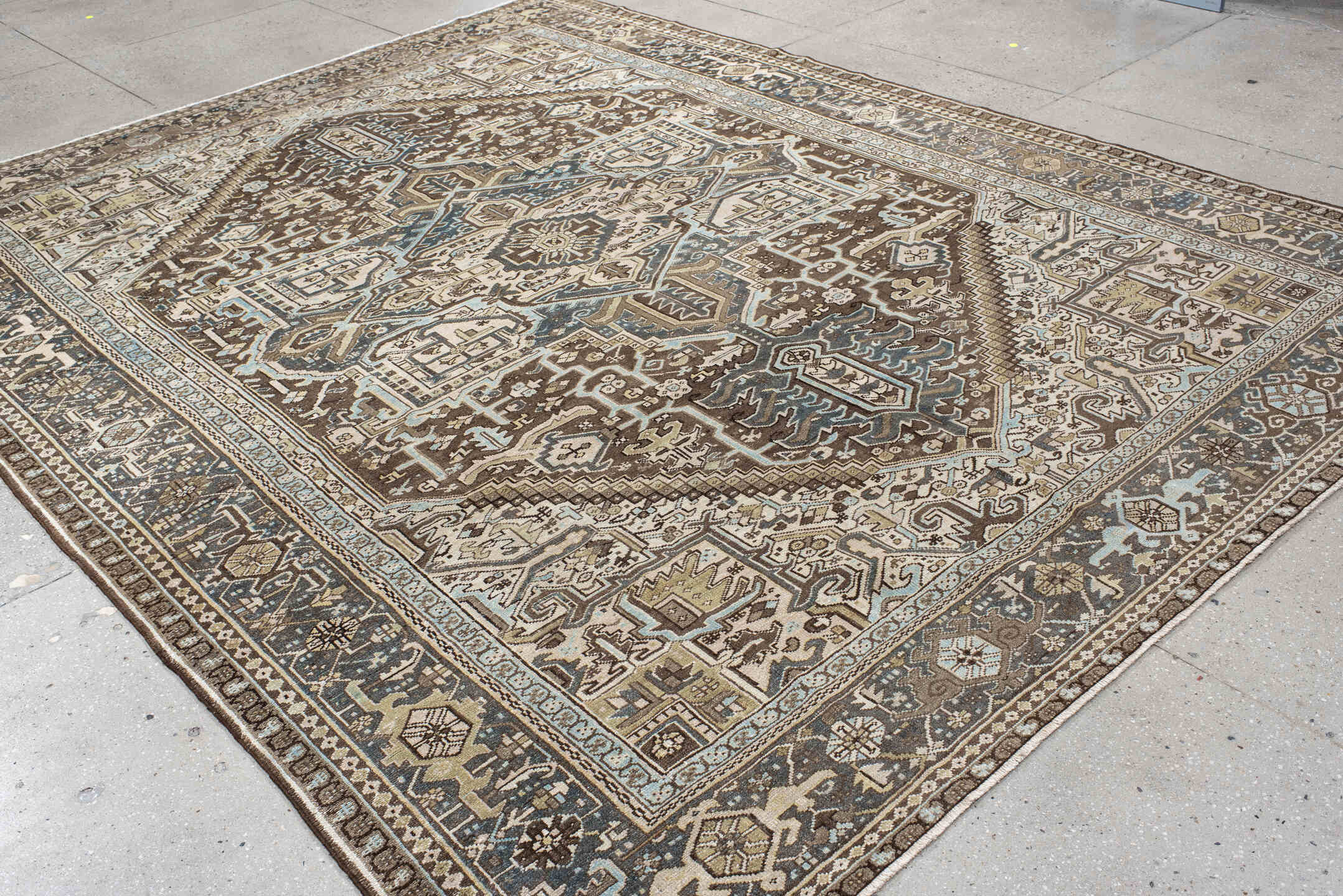 9' x 11' one-of-a-kind handmade antique Karaje large size rug. Color palette: ivory, brown, slate, taupe, camel, charcoal