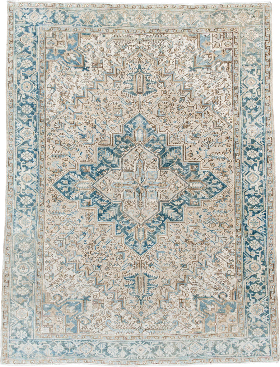 8' x 10' one-of-a-kind handmade antique Heriz large size rug. Color palette: ivory, sky blue, camel, taupe, light blue