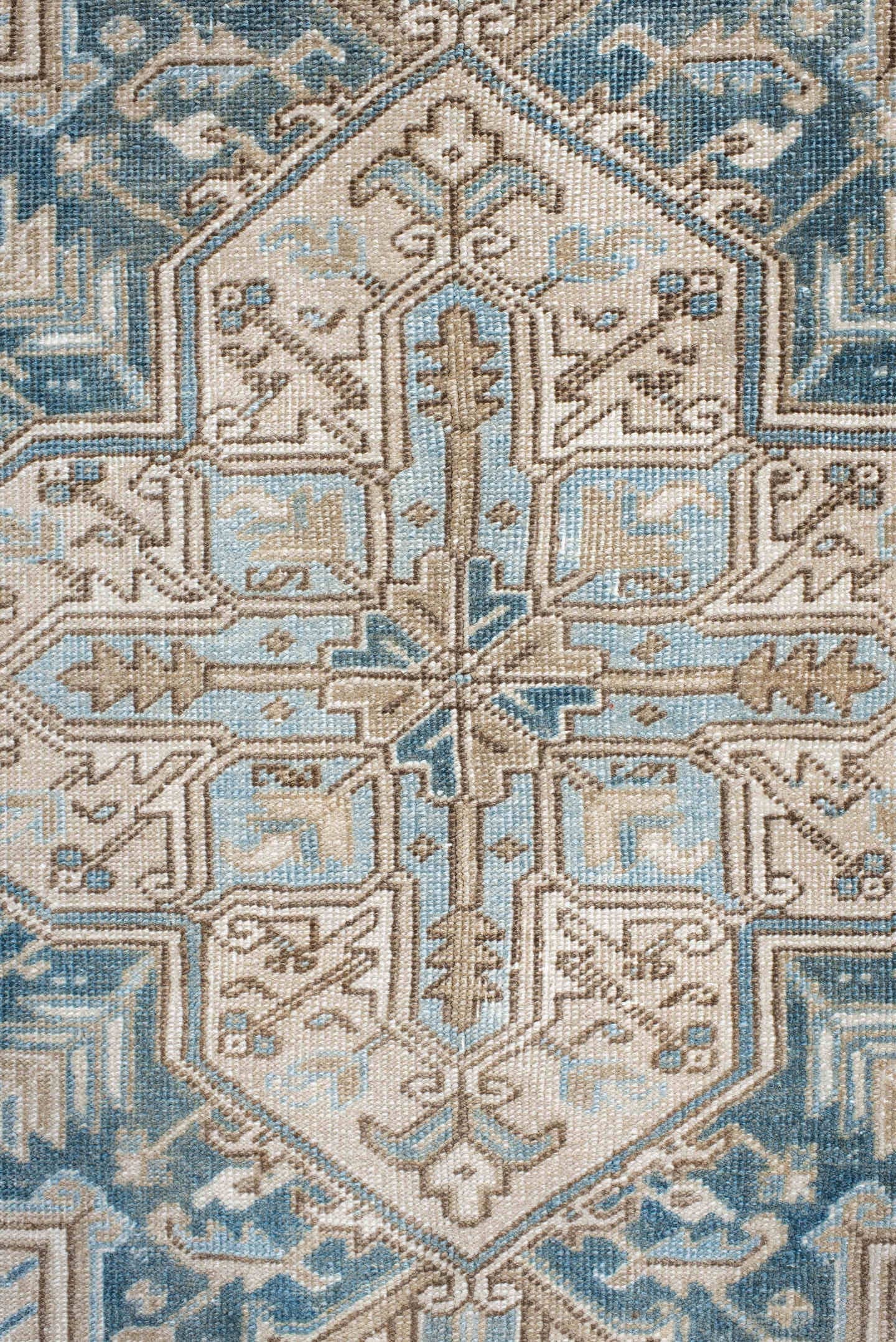 8' x 10' one-of-a-kind handmade antique Heriz large size rug. Color palette: ivory, sky blue, camel, taupe, light blue