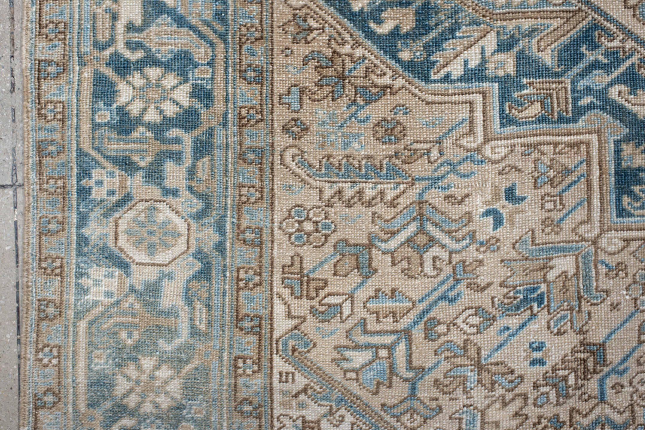 8' x 10' one-of-a-kind handmade antique Heriz large size rug. Color palette: ivory, sky blue, camel, taupe, light blue
