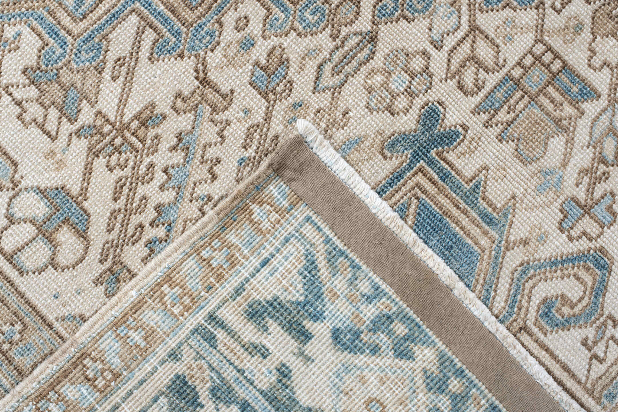 8' x 10' one-of-a-kind handmade antique Heriz large size rug. Color palette: ivory, sky blue, camel, taupe, light blue