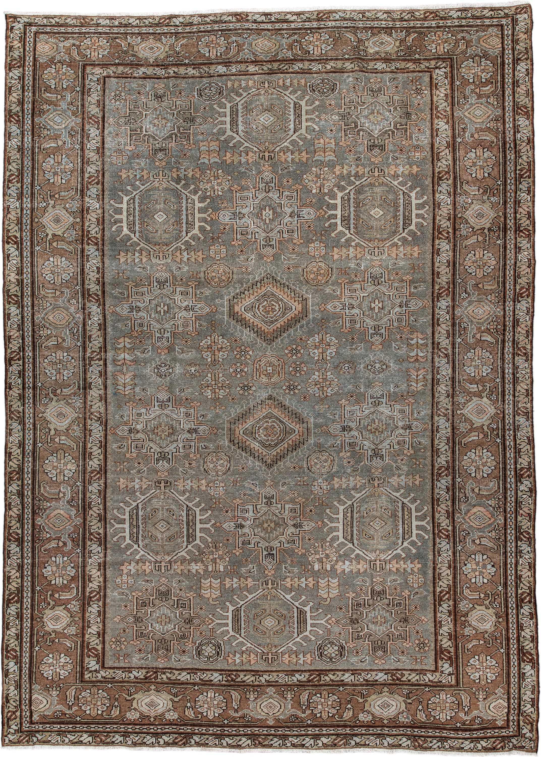 7' x 10' one-of-a-kind handmade vintage Karaje large size rug. Color palette: taupe, brown, ivory, camel, slate, rust, beige