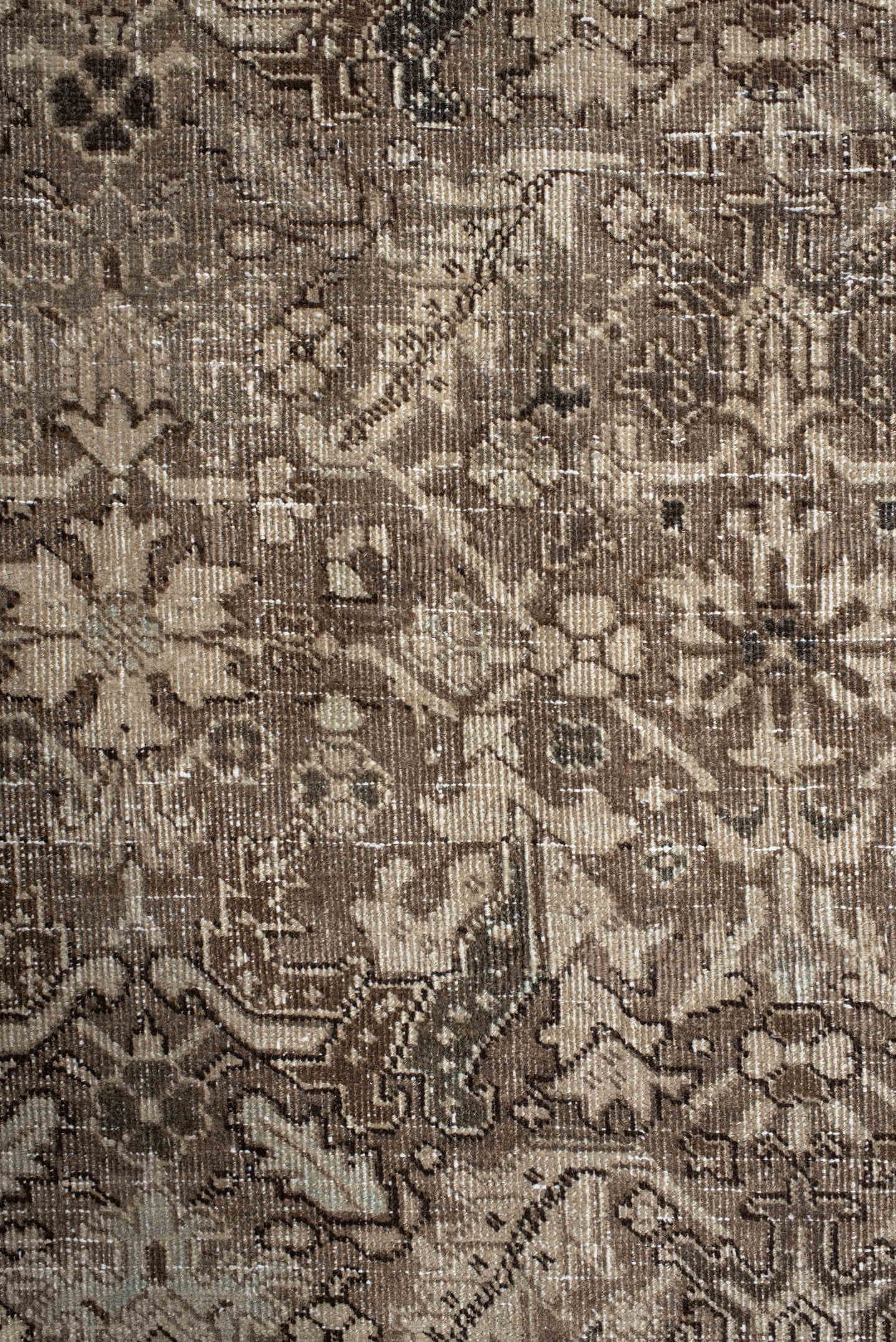 6' x 10' one-of-a-kind handmade vintage  large size rug. Color palette: taupe, ivory, charcoal, brown, beige, gray, black
