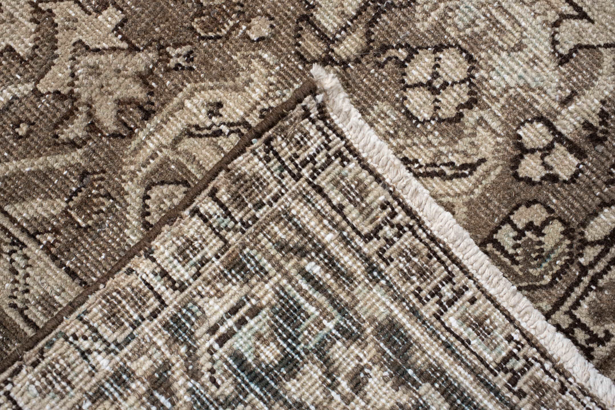 6' x 10' one-of-a-kind handmade vintage  large size rug. Color palette: taupe, ivory, charcoal, brown, beige, gray, black