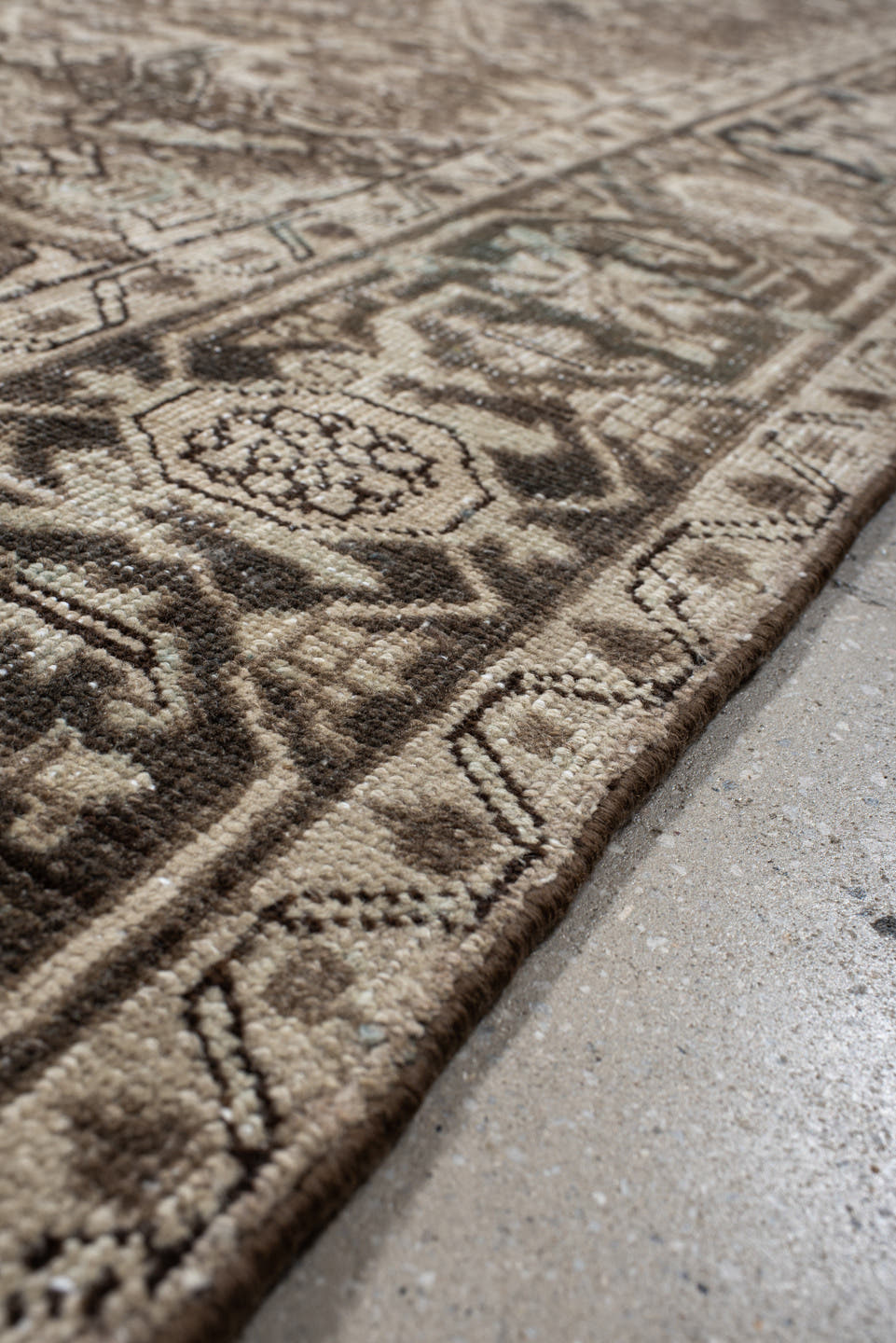 6' x 10' one-of-a-kind handmade vintage  large size rug. Color palette: taupe, ivory, charcoal, brown, beige, gray, black