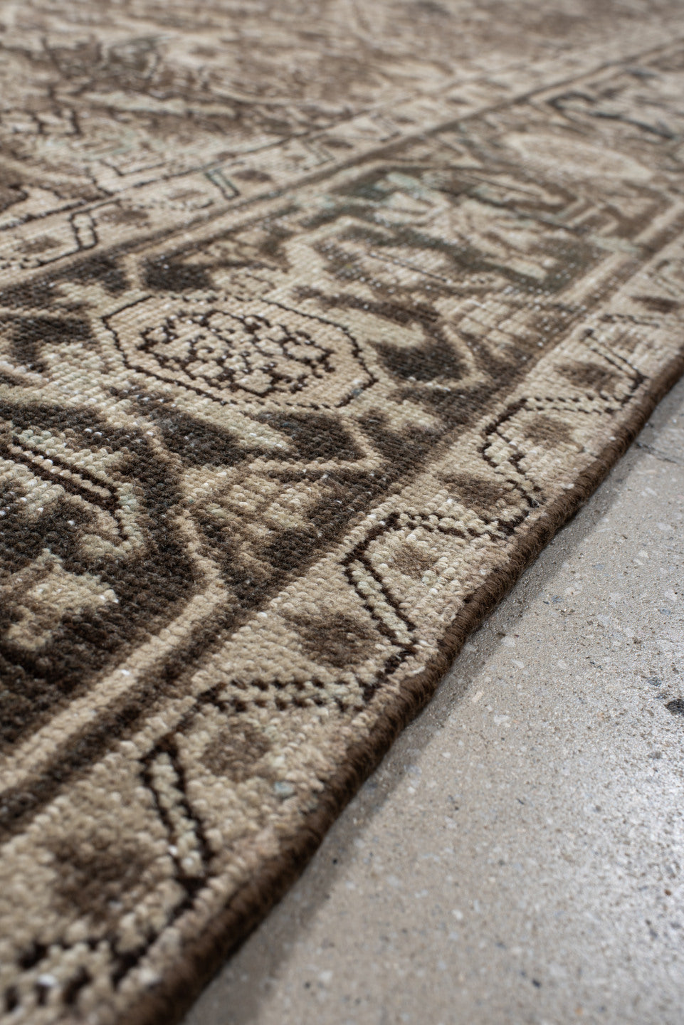 6' x 10' one-of-a-kind handmade vintage  large size rug. Color palette: taupe, ivory, charcoal, brown, beige, gray, black