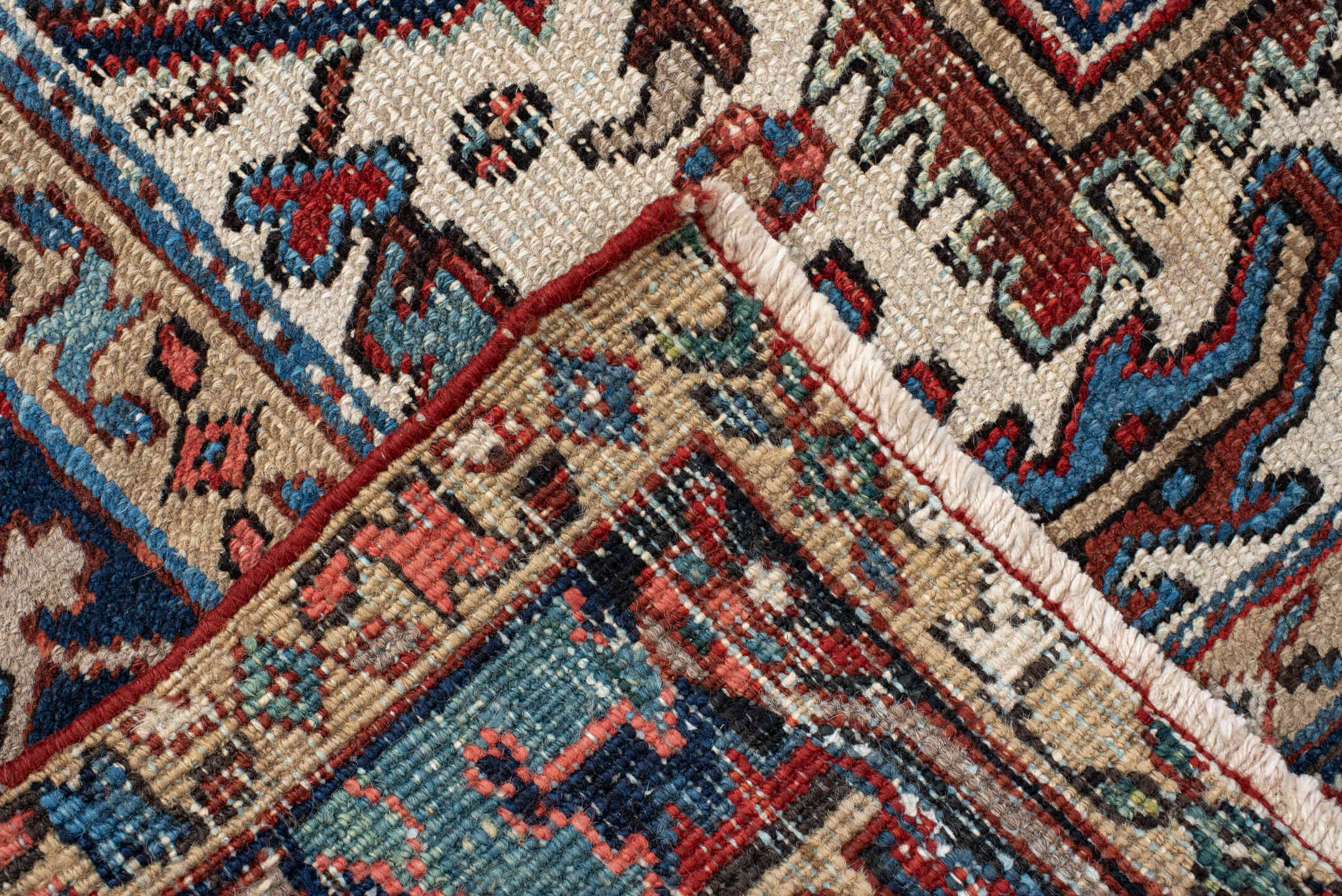 6' x 9' one-of-a-kind handmade vintage Heriz medium size rug. Color palette: antiquewhite, blue, brown, dark gray, gray