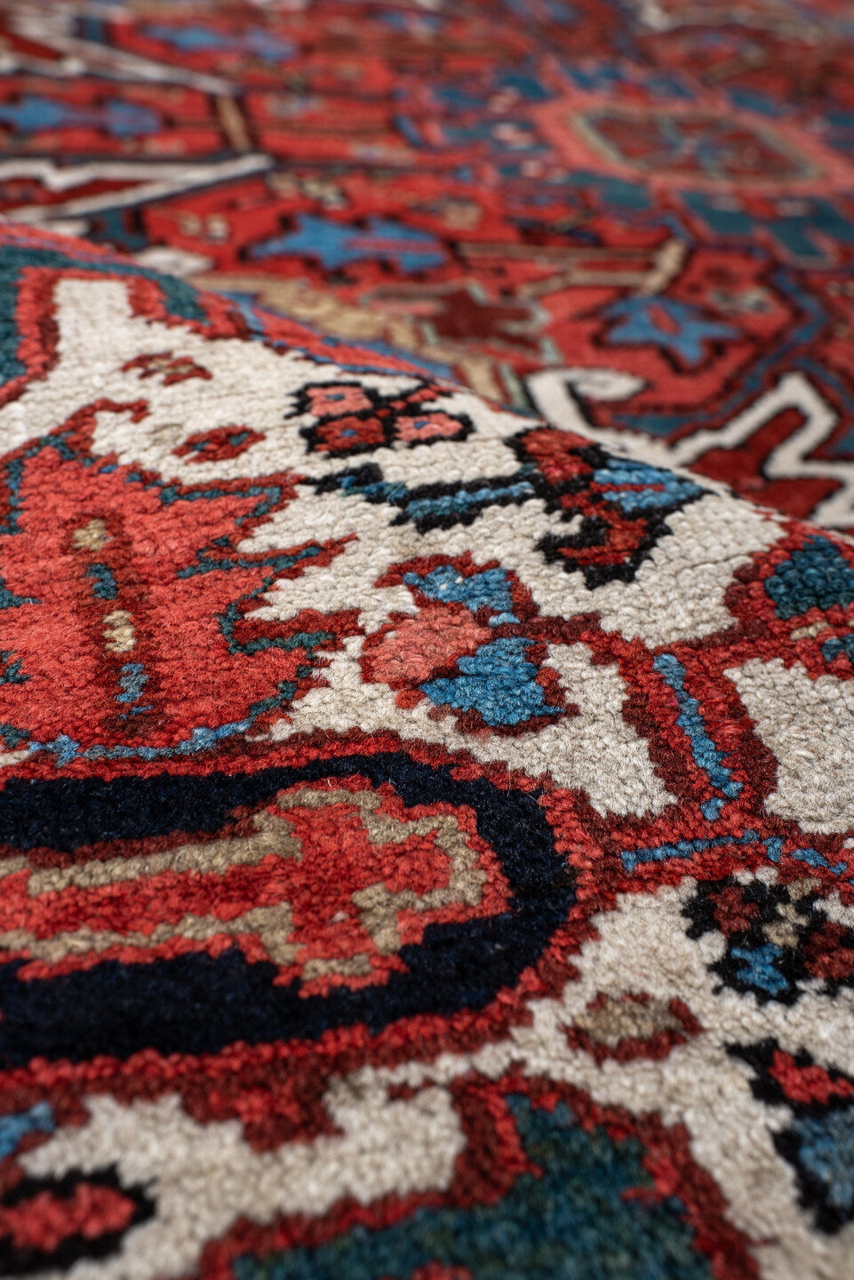 8' x 11' one-of-a-kind handmade vintage Heriz large size rug. Color palette: blue, brown, gainsboro, gray, green, indian red