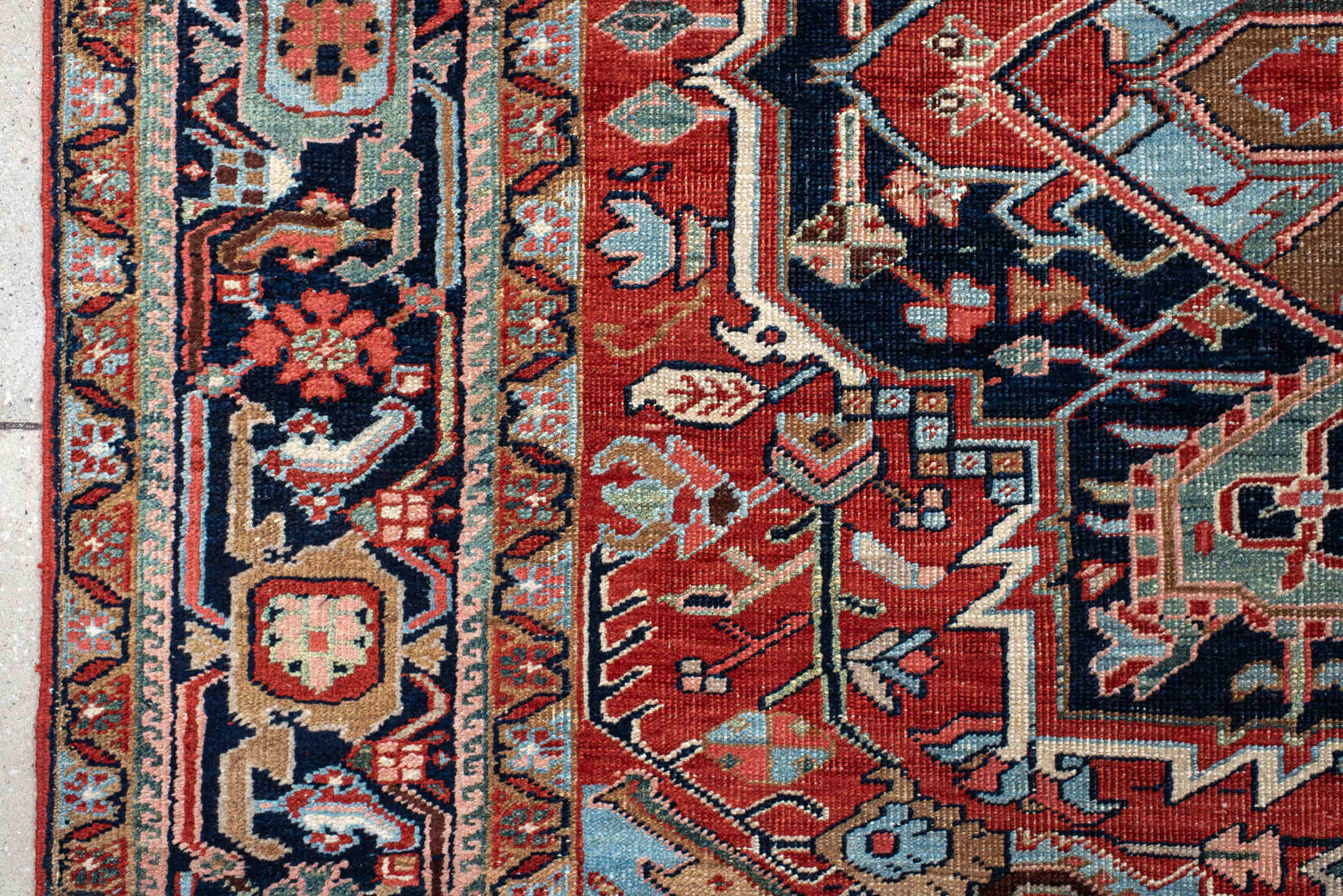 7' x 10' one-of-a-kind handmade vintage Heriz large size rug. Color palette: blue, brown, dim gray, gray, light blue