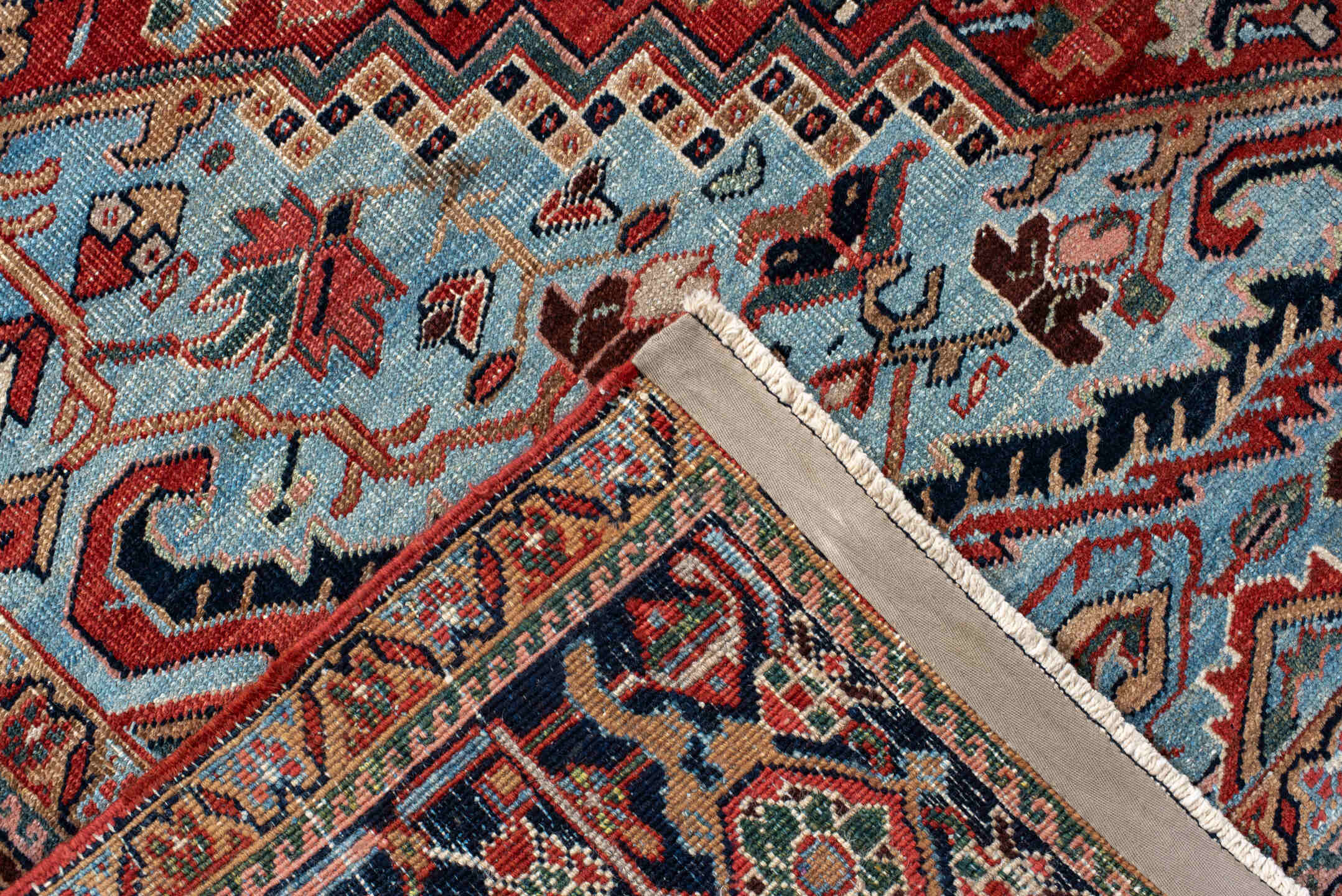 7' x 10' one-of-a-kind handmade vintage Heriz large size rug. Color palette: blue, brown, dim gray, gray, light blue