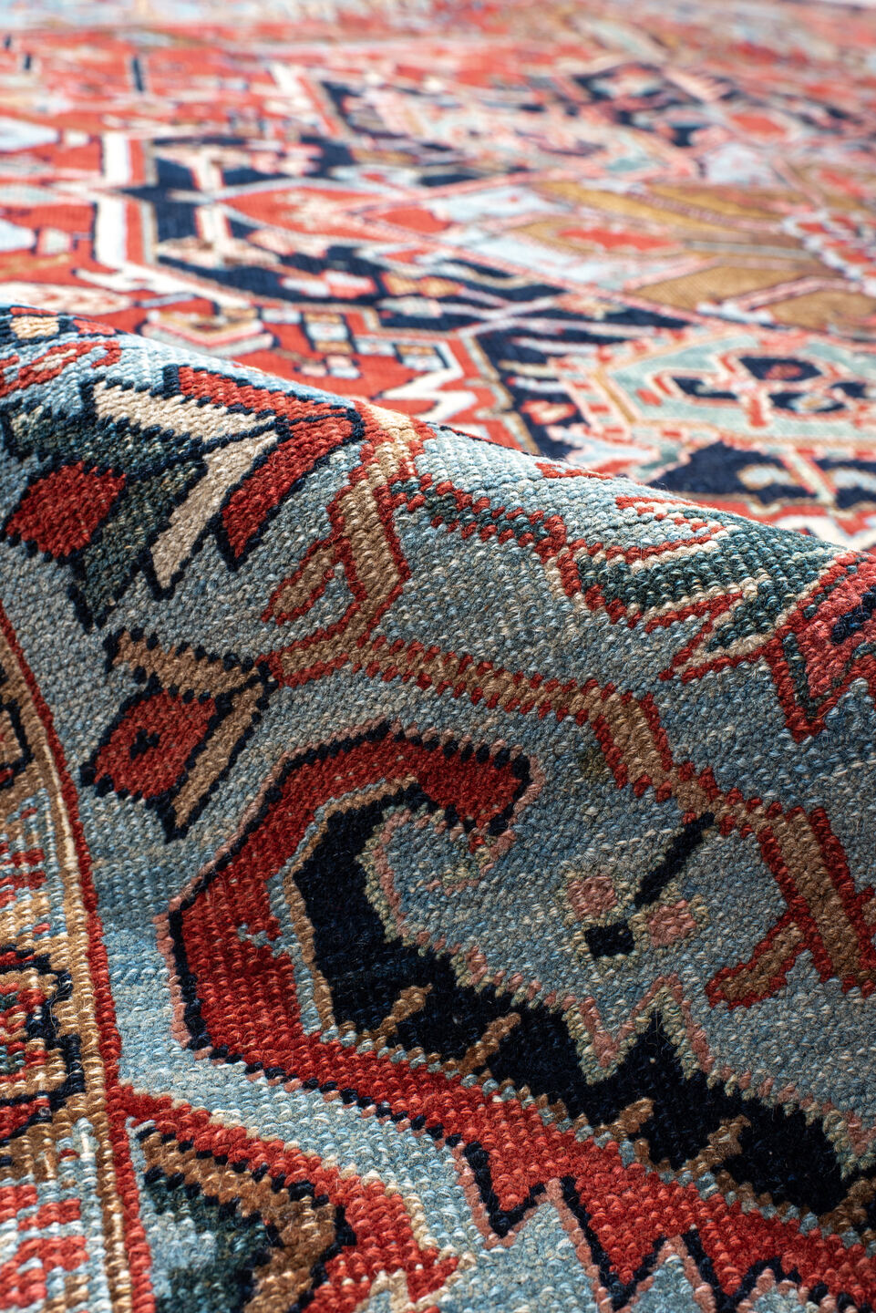 7' x 10' one-of-a-kind handmade vintage Heriz large size rug. Color palette: blue, brown, dim gray, gray, light blue