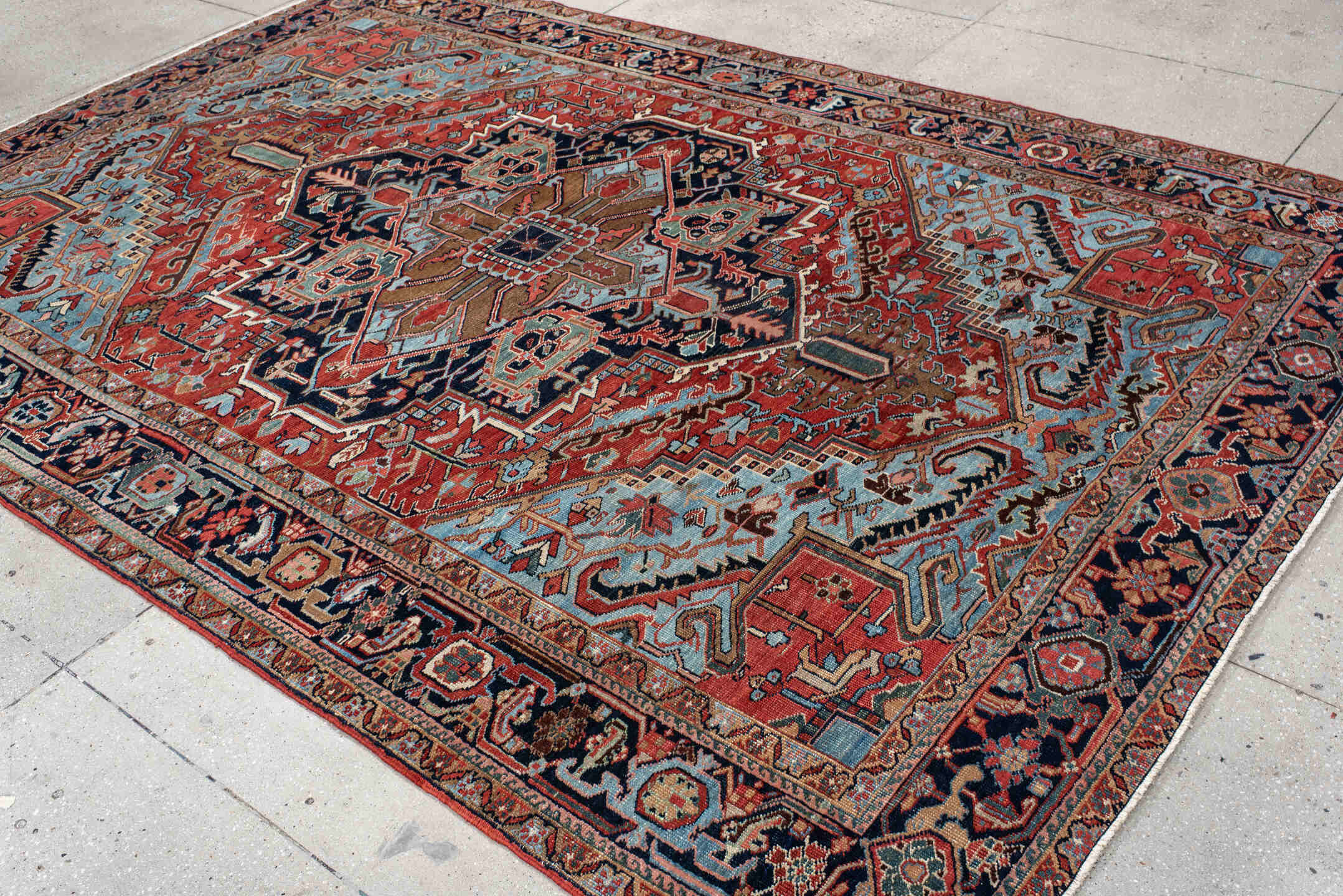 7' x 10' one-of-a-kind handmade vintage Heriz large size rug. Color palette: blue, brown, dim gray, gray, light blue