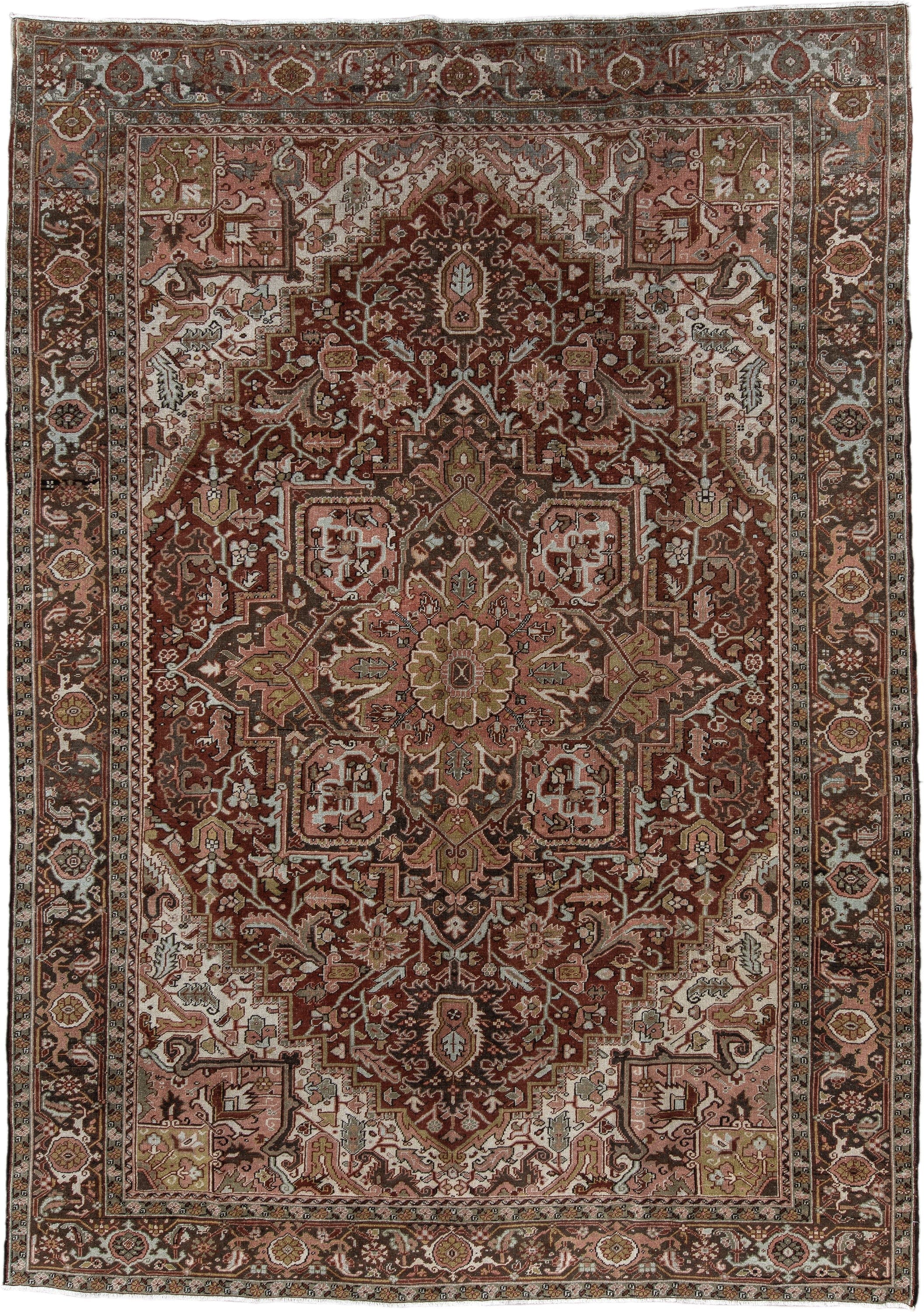 8' x 11' one-of-a-kind handmade vintage Heriz large size rug. Color palette: rust, ivory, brown, olive, rose, charcoal