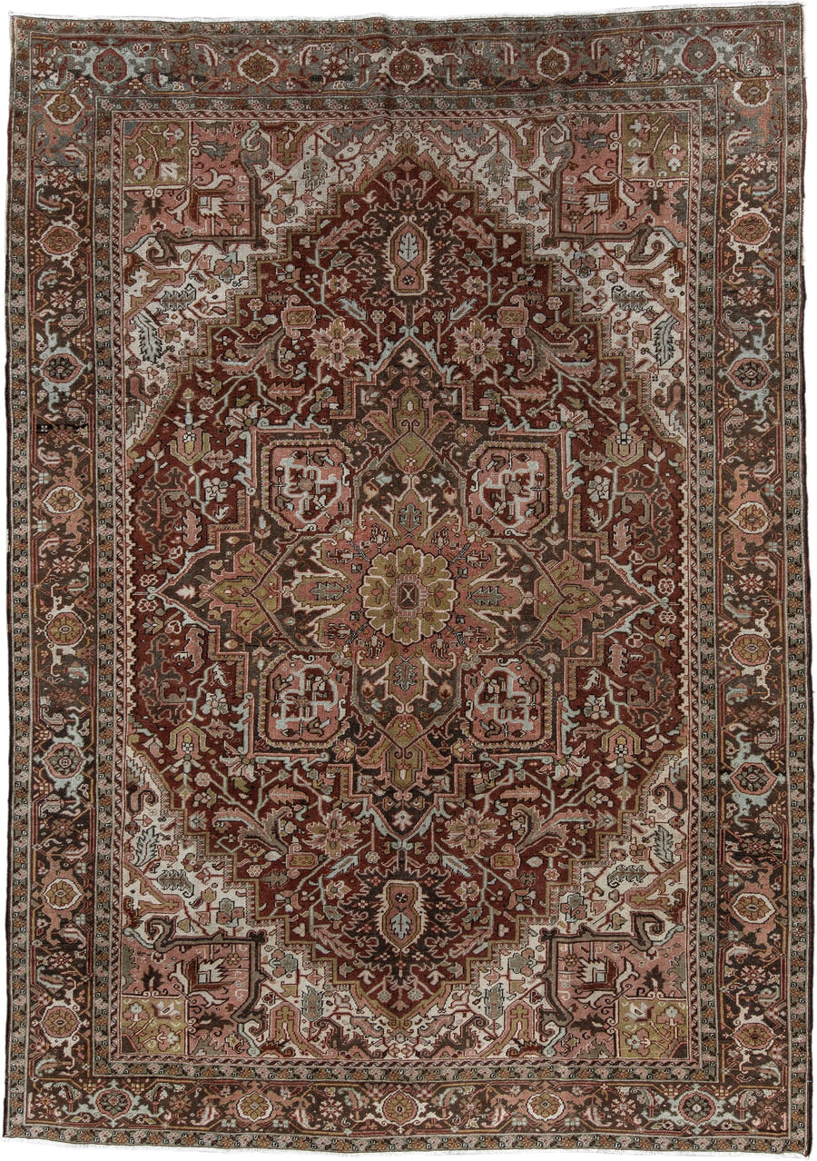 8' x 11' one-of-a-kind handmade vintage Heriz large size rug. Color palette: rust, ivory, brown, olive, rose, charcoal