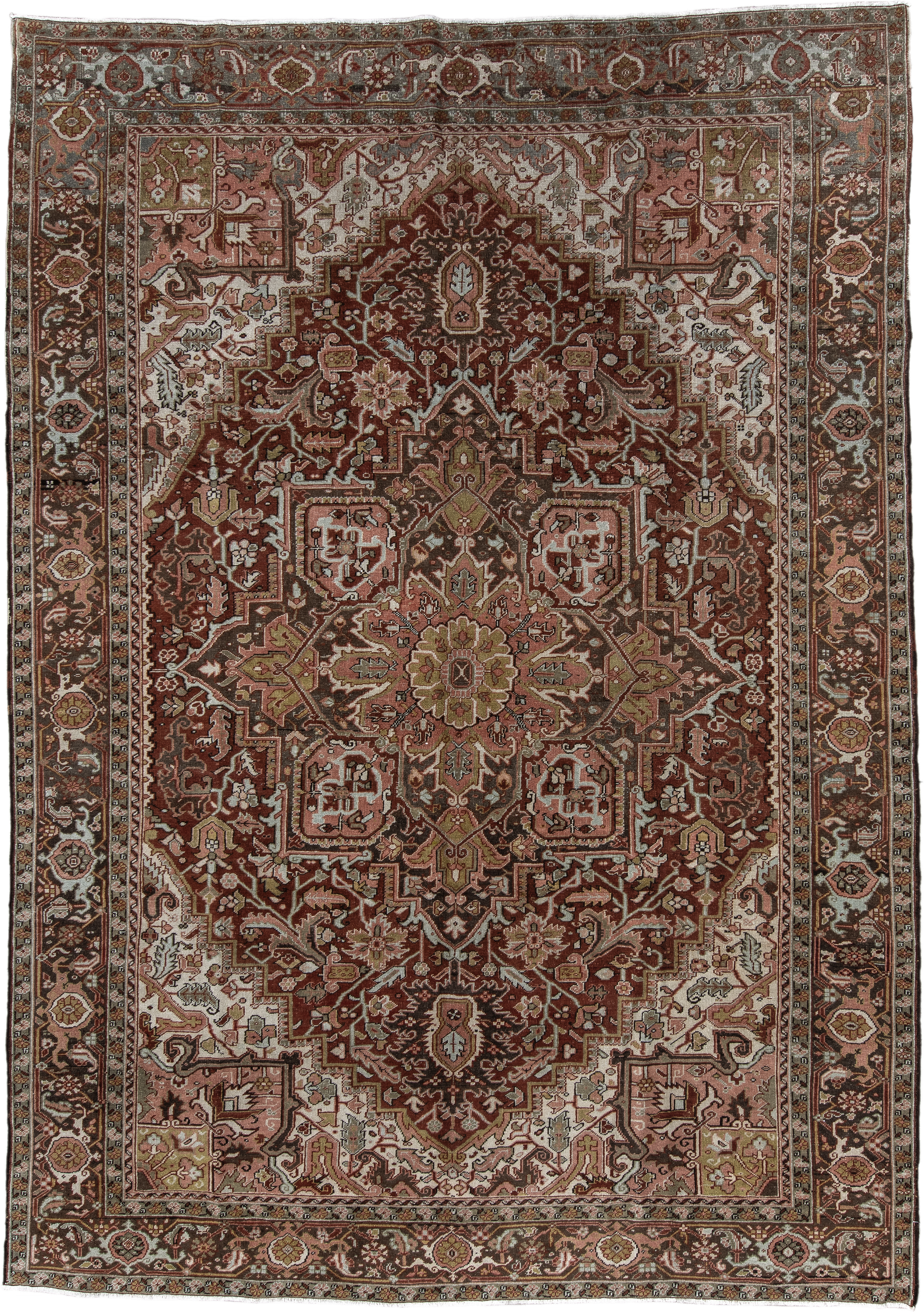 8' x 11' one-of-a-kind handmade vintage Heriz large size rug. Color palette: rust, ivory, brown, olive, rose, charcoal