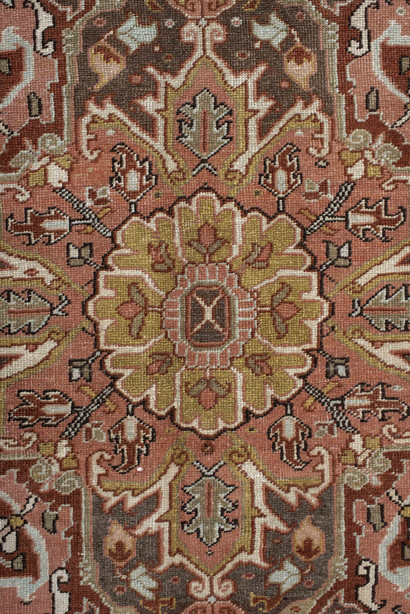 8' x 11' one-of-a-kind handmade vintage Heriz large size rug. Color palette: rust, ivory, brown, olive, rose, charcoal