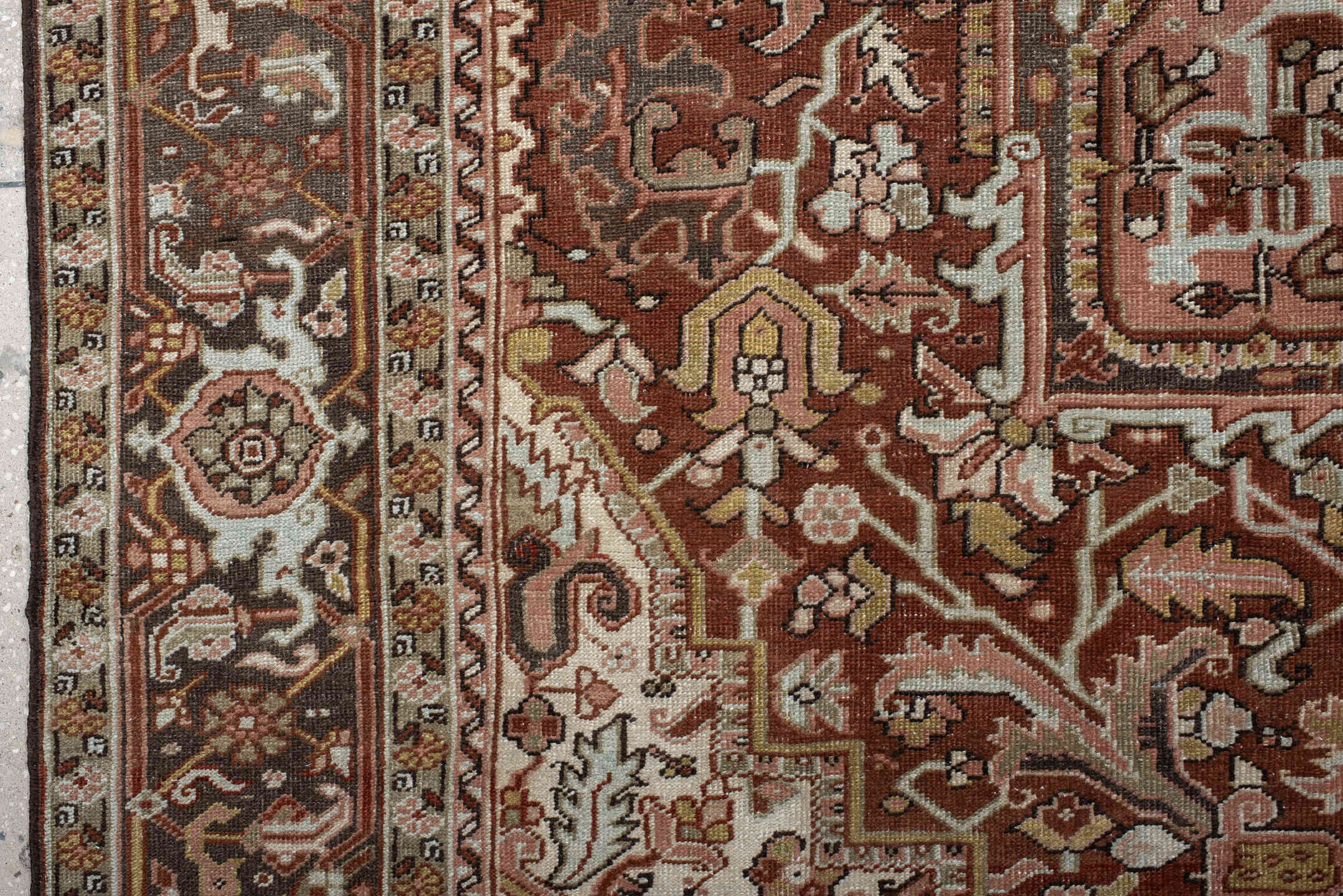 8' x 11' one-of-a-kind handmade vintage Heriz large size rug. Color palette: rust, ivory, brown, olive, rose, charcoal