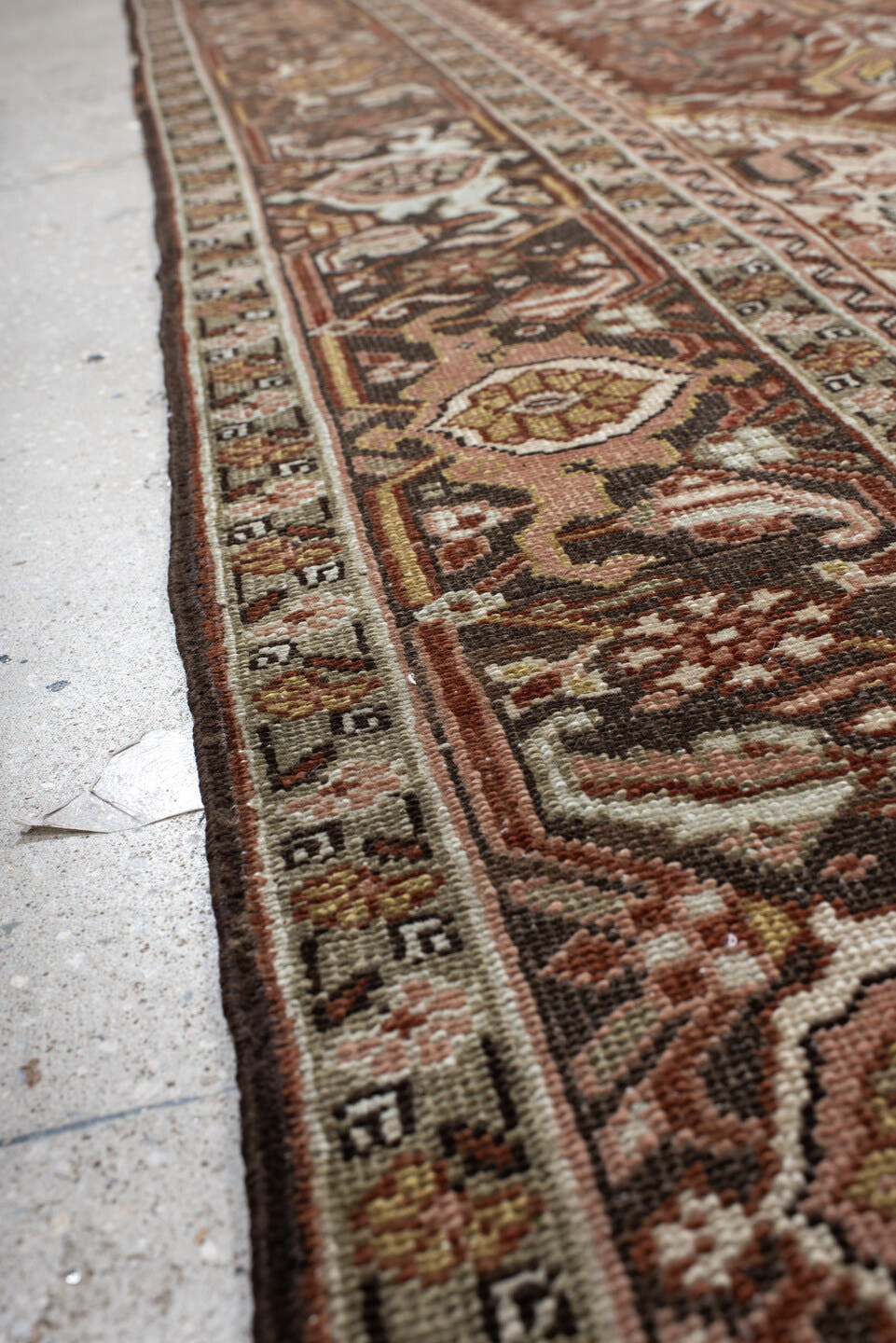 8' x 11' one-of-a-kind handmade vintage Heriz large size rug. Color palette: rust, ivory, brown, olive, rose, charcoal