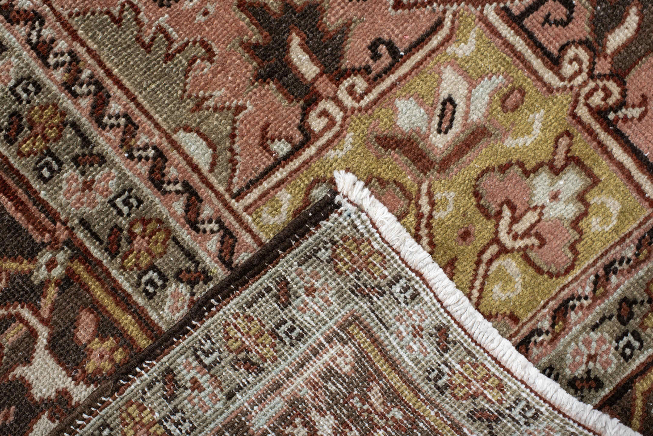 8' x 11' one-of-a-kind handmade vintage Heriz large size rug. Color palette: rust, ivory, brown, olive, rose, charcoal