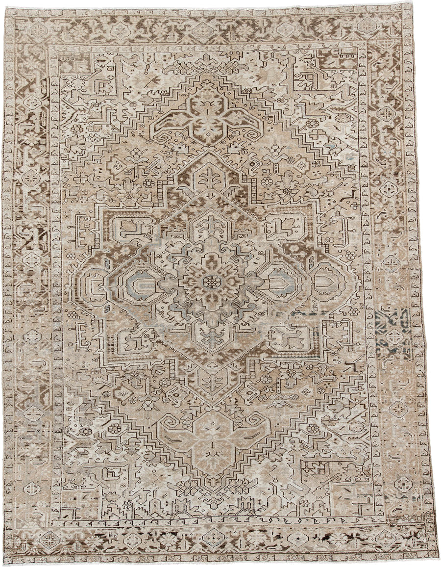 8' x 11' one-of-a-kind handmade antique Heriz large size rug. Color palette: ivory, taupe, beige, brown, camel, slate, gray
