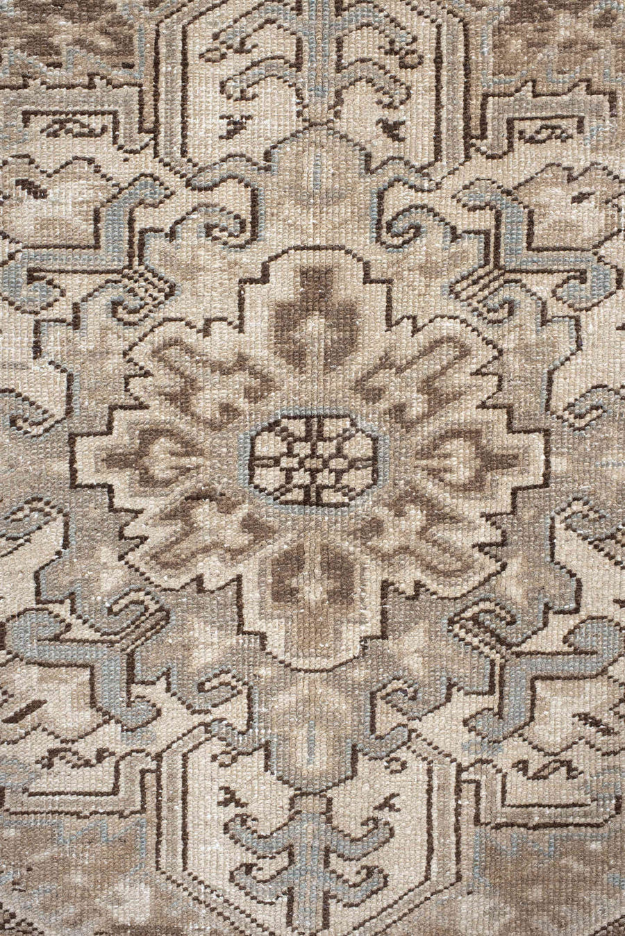 8' x 11' one-of-a-kind handmade antique Heriz large size rug. Color palette: ivory, taupe, beige, brown, camel, slate, gray