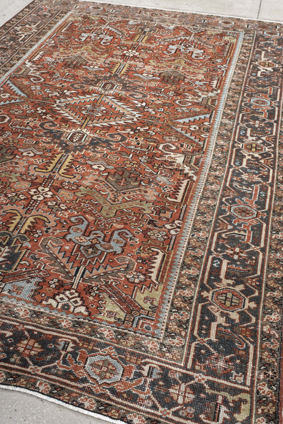 6' x 9' one-of-a-kind handmade vintage Heriz medium size rug. Color palette: black, brown, charcoal, dark gray, dim gray