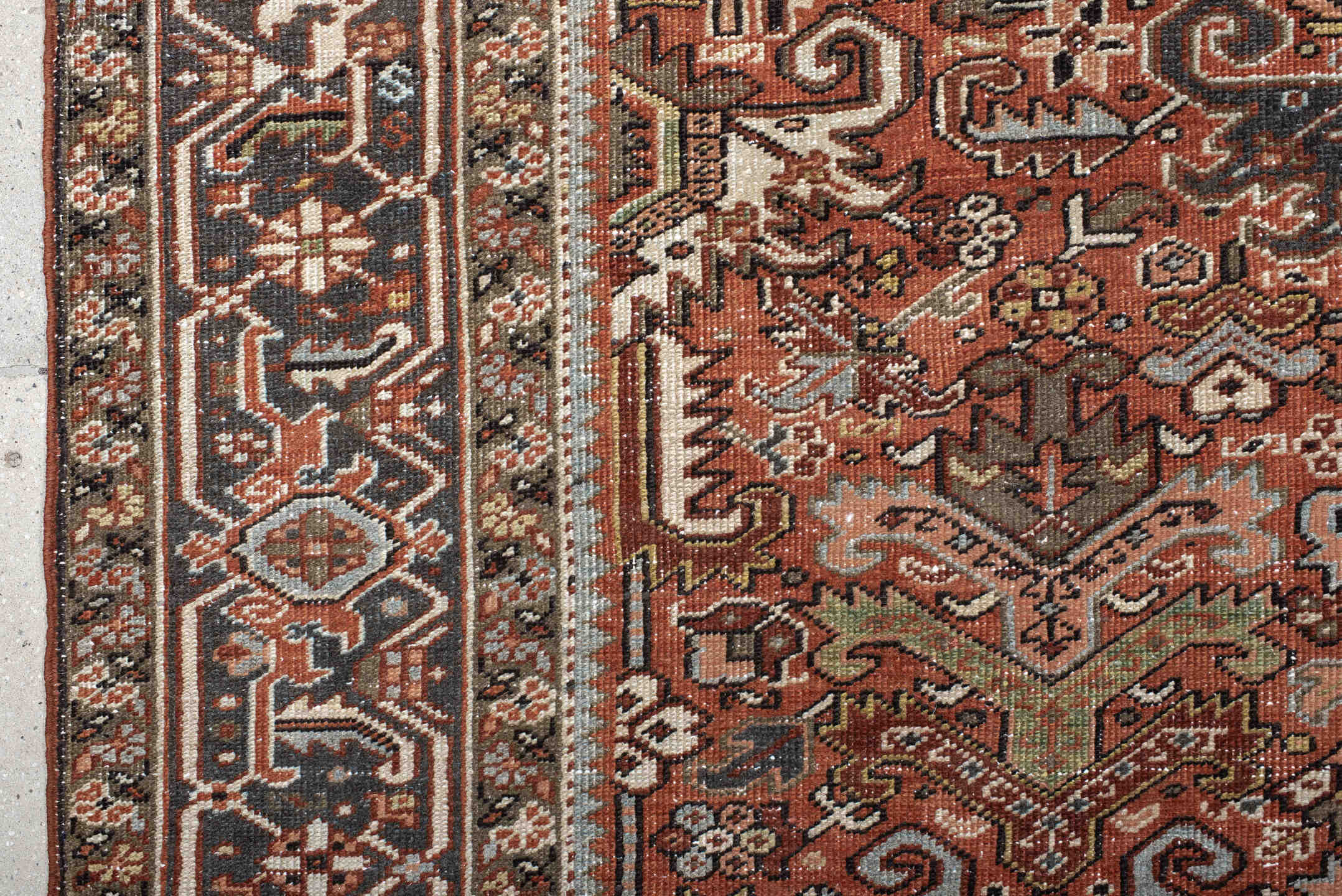 6' x 9' one-of-a-kind handmade vintage Heriz medium size rug. Color palette: black, brown, charcoal, dark gray, dim gray