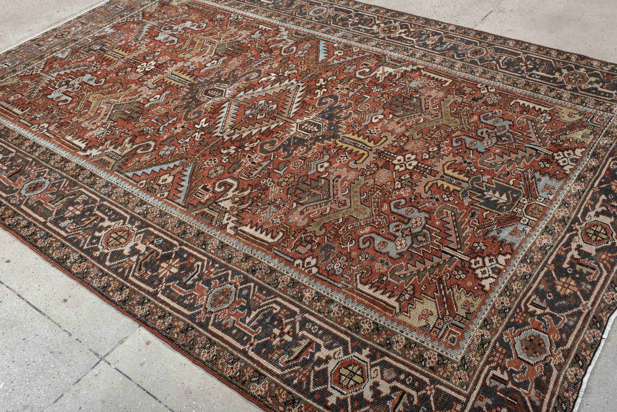 6' x 9' one-of-a-kind handmade vintage Heriz medium size rug. Color palette: black, brown, charcoal, dark gray, dim gray