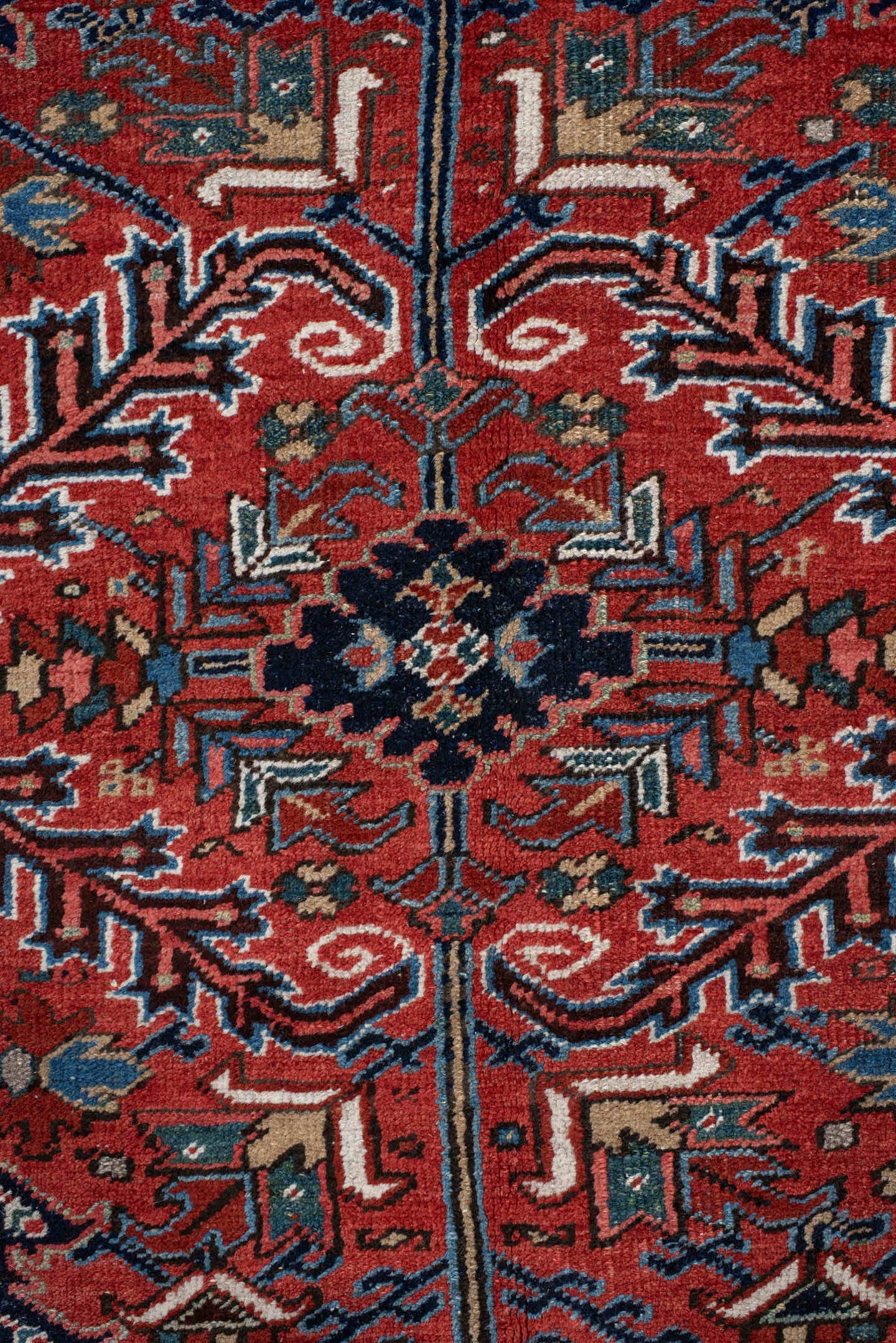 6' x 9' one-of-a-kind handmade antique Heriz medium size rug. Color palette: rust, navy, ivory, sky blue, coral, slate