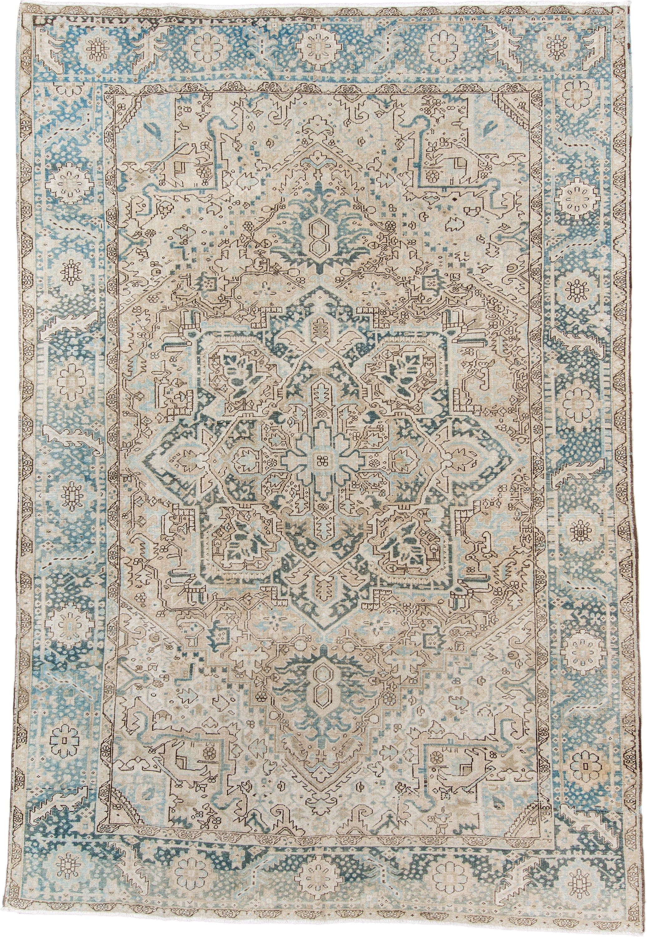 8' x 12' one-of-a-kind handmade antique Heriz large size rug. Color palette: ivory, sky blue, taupe, beige, slate, camel