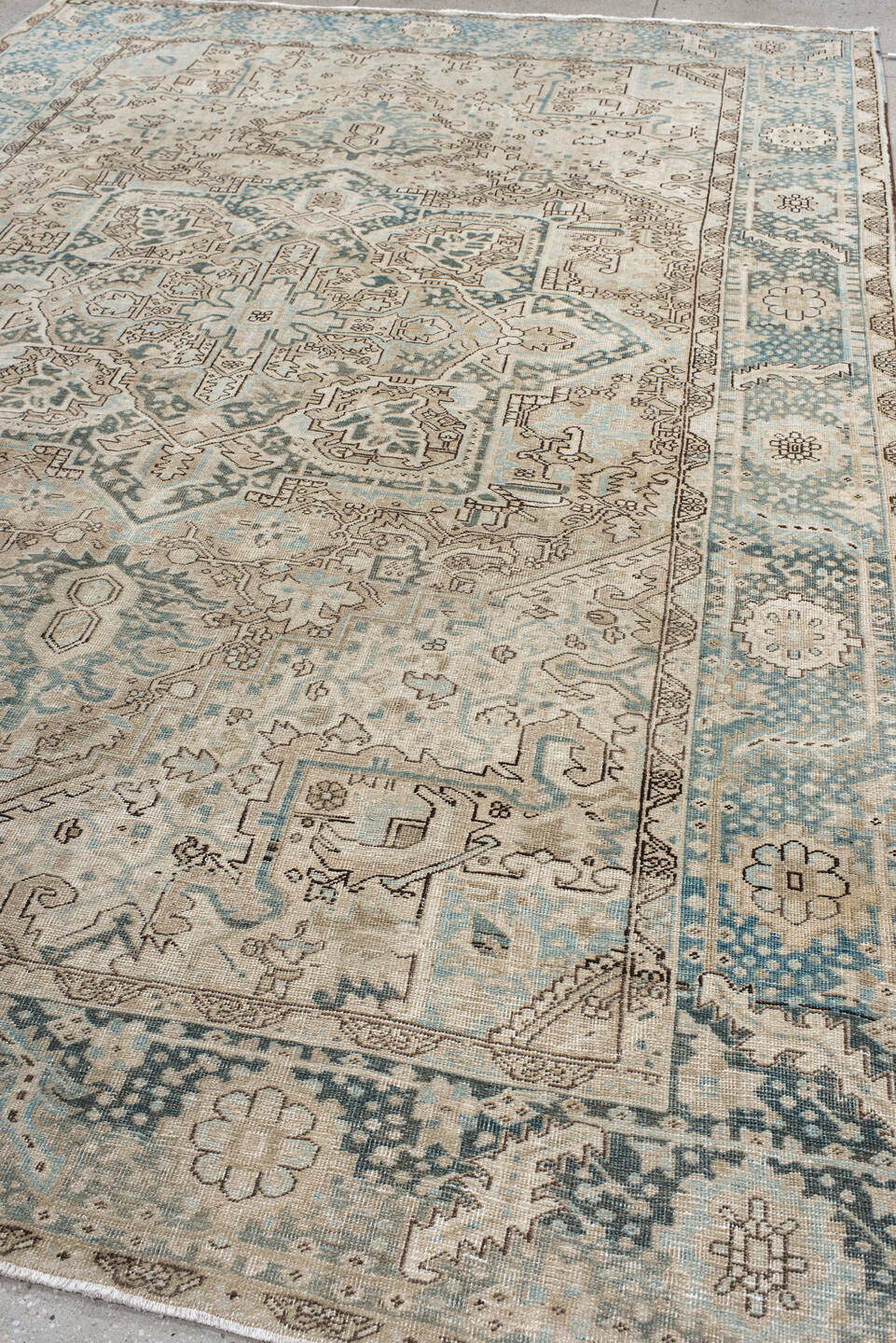 8' x 12' one-of-a-kind handmade antique Heriz large size rug. Color palette: ivory, sky blue, taupe, beige, slate, camel