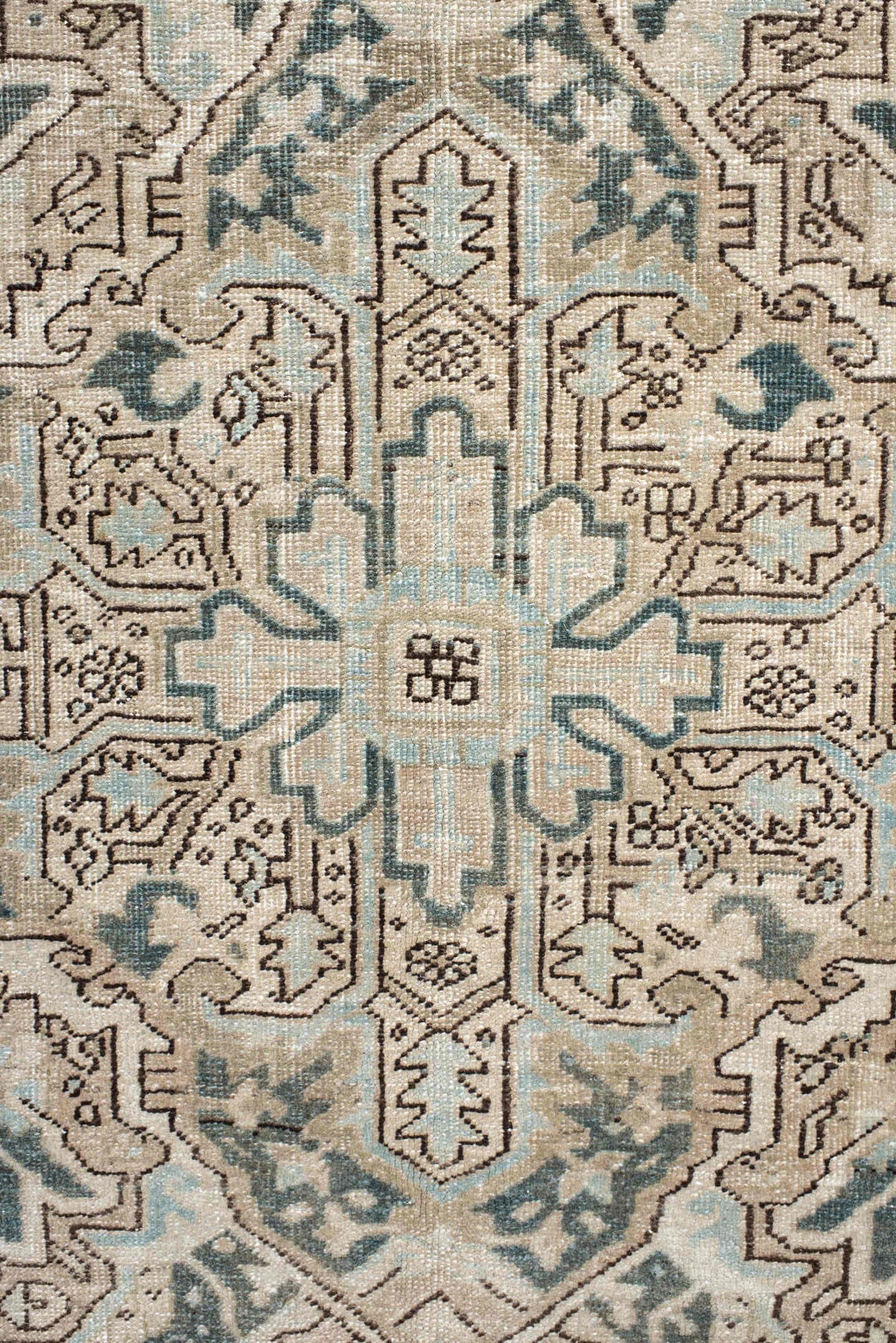 8' x 12' one-of-a-kind handmade antique Heriz large size rug. Color palette: ivory, sky blue, taupe, beige, slate, camel