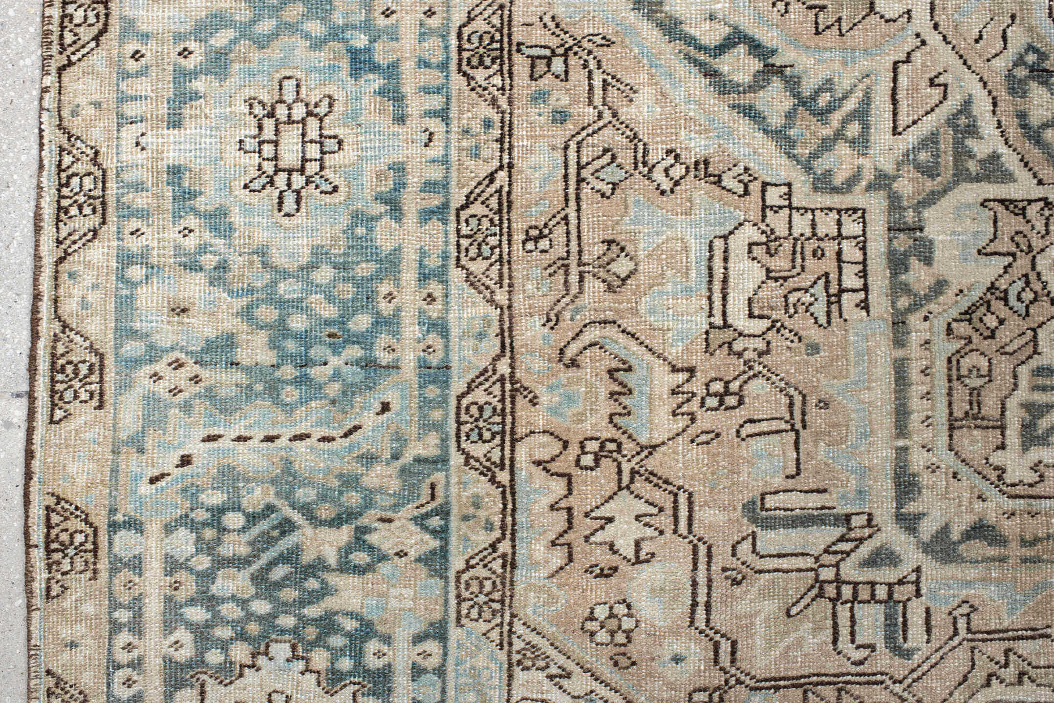 8' x 12' one-of-a-kind handmade antique Heriz large size rug. Color palette: ivory, sky blue, taupe, beige, slate, camel