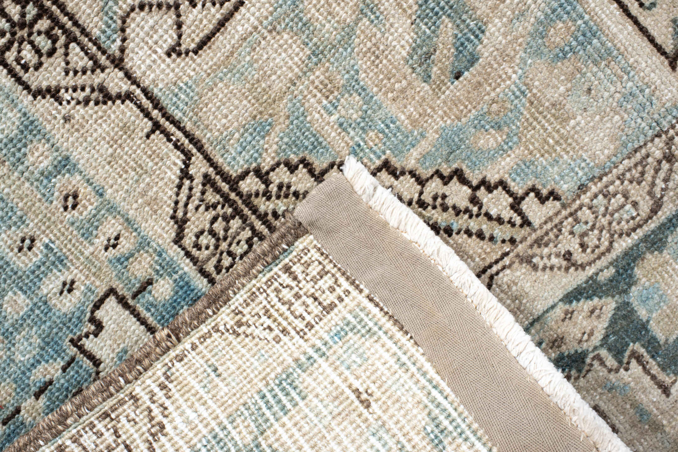 8' x 12' one-of-a-kind handmade antique Heriz large size rug. Color palette: ivory, sky blue, taupe, beige, slate, camel