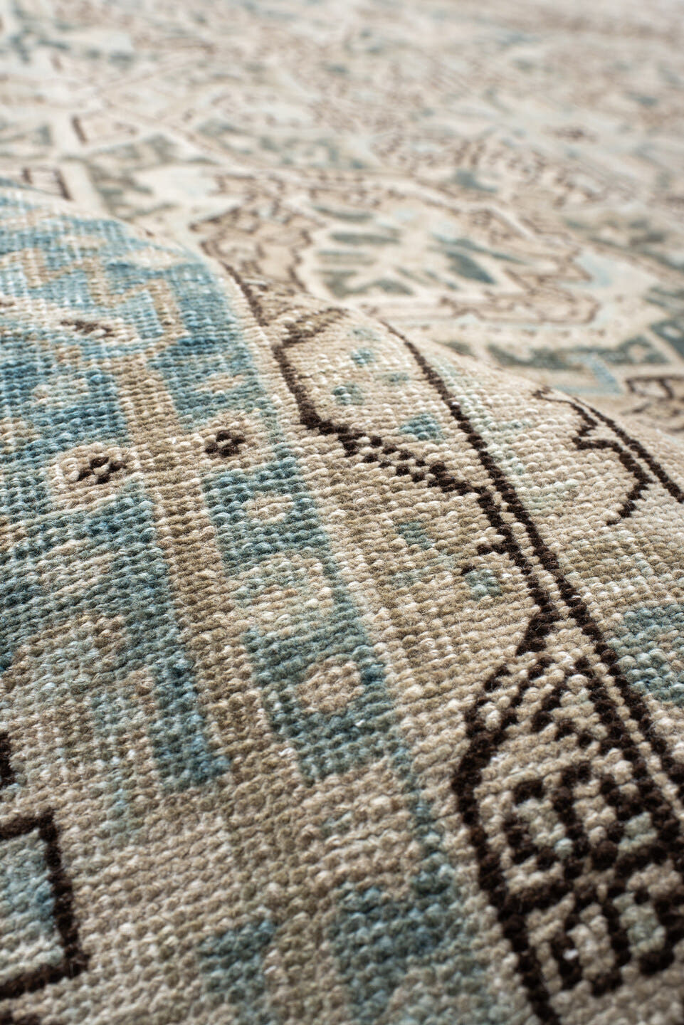 8' x 12' one-of-a-kind handmade antique Heriz large size rug. Color palette: ivory, sky blue, taupe, beige, slate, camel