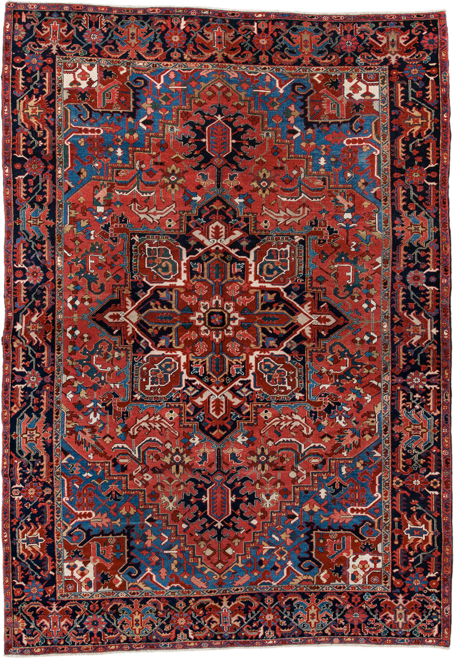 7' x 11' one-of-a-kind handmade antique Heriz large size rug. Color palette: rust, navy, sky_blue, ivory, brick, coral