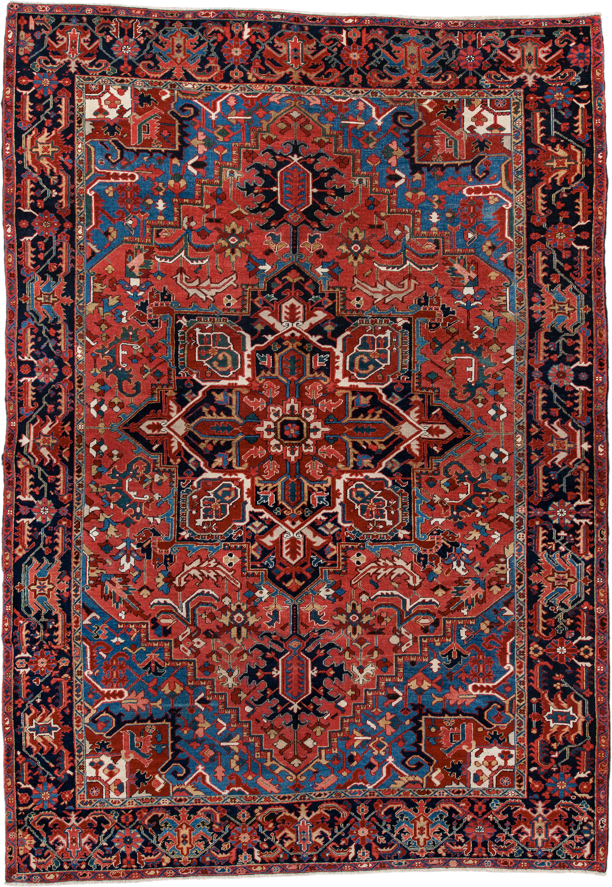 7' x 11' one-of-a-kind handmade antique Heriz large size rug. Color palette: rust, navy, sky_blue, ivory, brick, coral