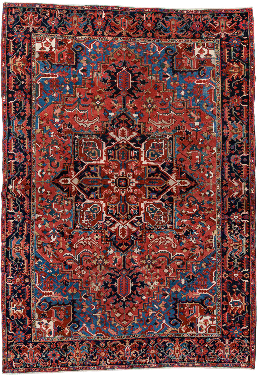 7' x 11' one-of-a-kind handmade antique Heriz large size rug. Color palette: rust, navy, sky_blue, ivory, brick, coral