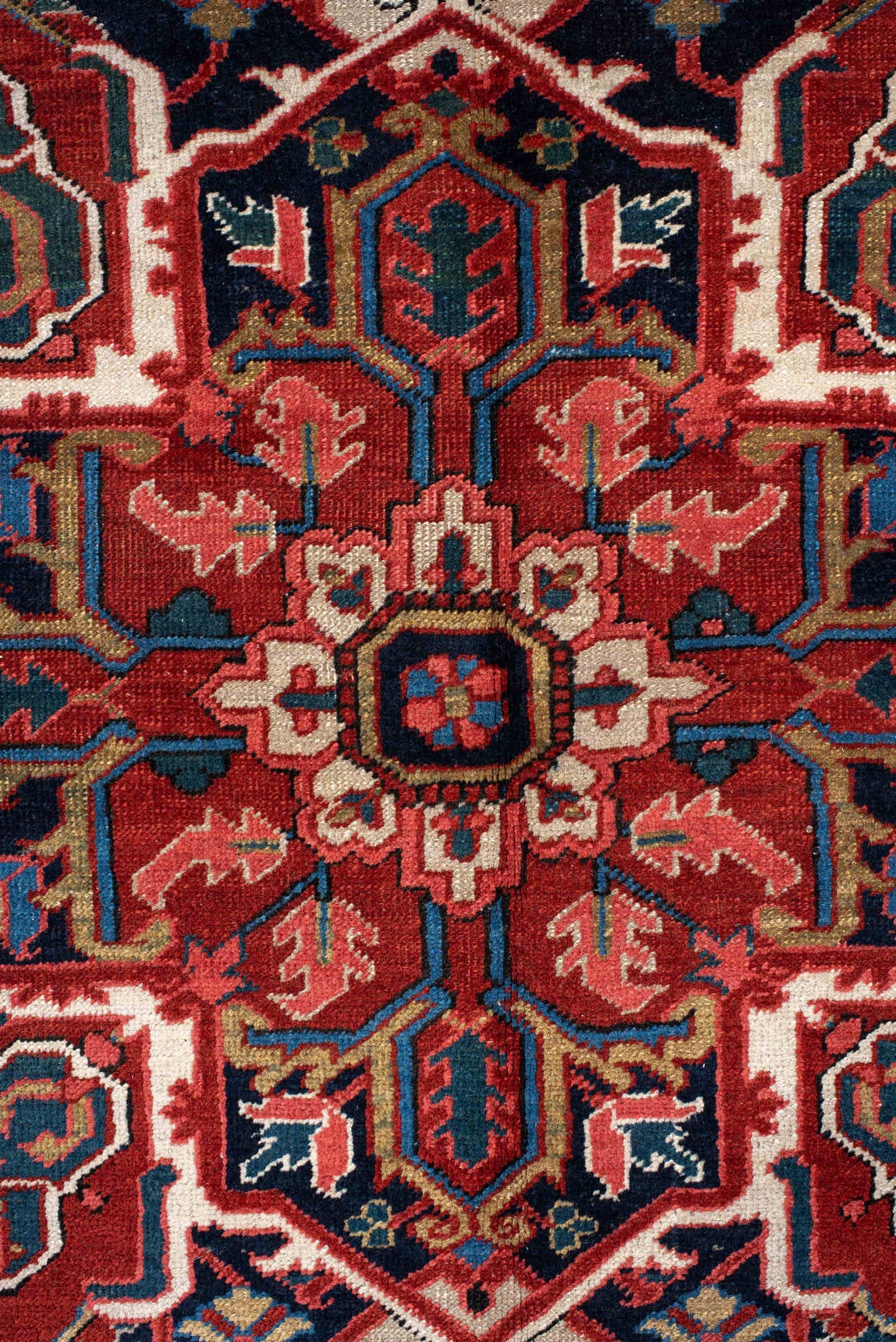 7' x 11' one-of-a-kind handmade antique Heriz large size rug. Color palette: rust, navy, sky_blue, ivory, brick, coral