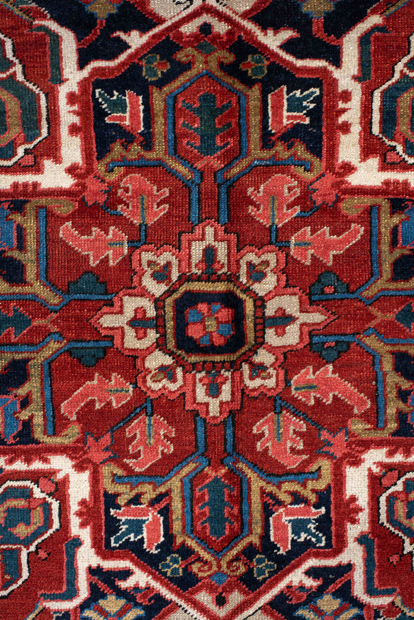 7' x 11' one-of-a-kind handmade antique Heriz large size rug. Color palette: rust, navy, sky_blue, ivory, brick, coral