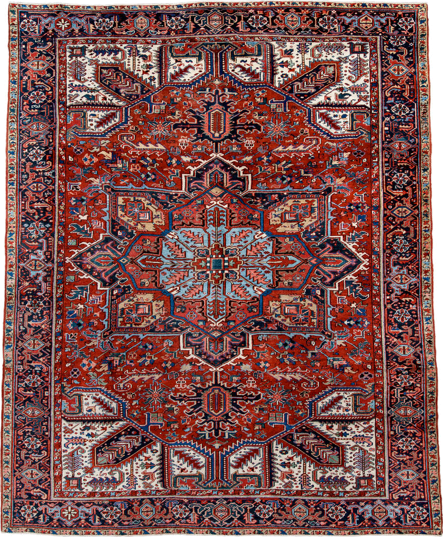 8' x 11' one-of-a-kind handmade antique Heriz large size rug. Color palette: rust, navy, ivory, sky blue, crimson, slate