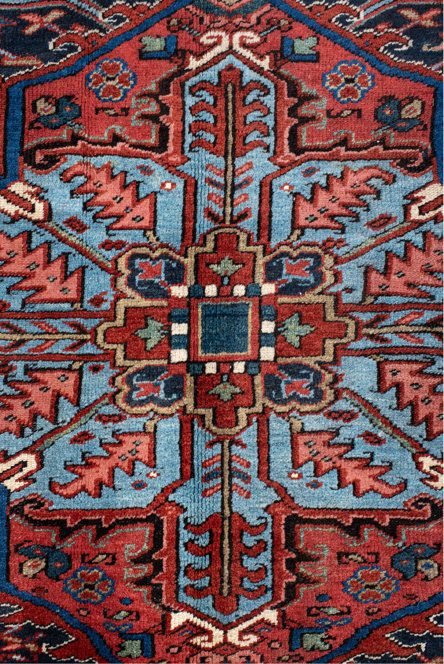 8' x 11' one-of-a-kind handmade antique Heriz large size rug. Color palette: rust, navy, ivory, sky blue, crimson, slate
