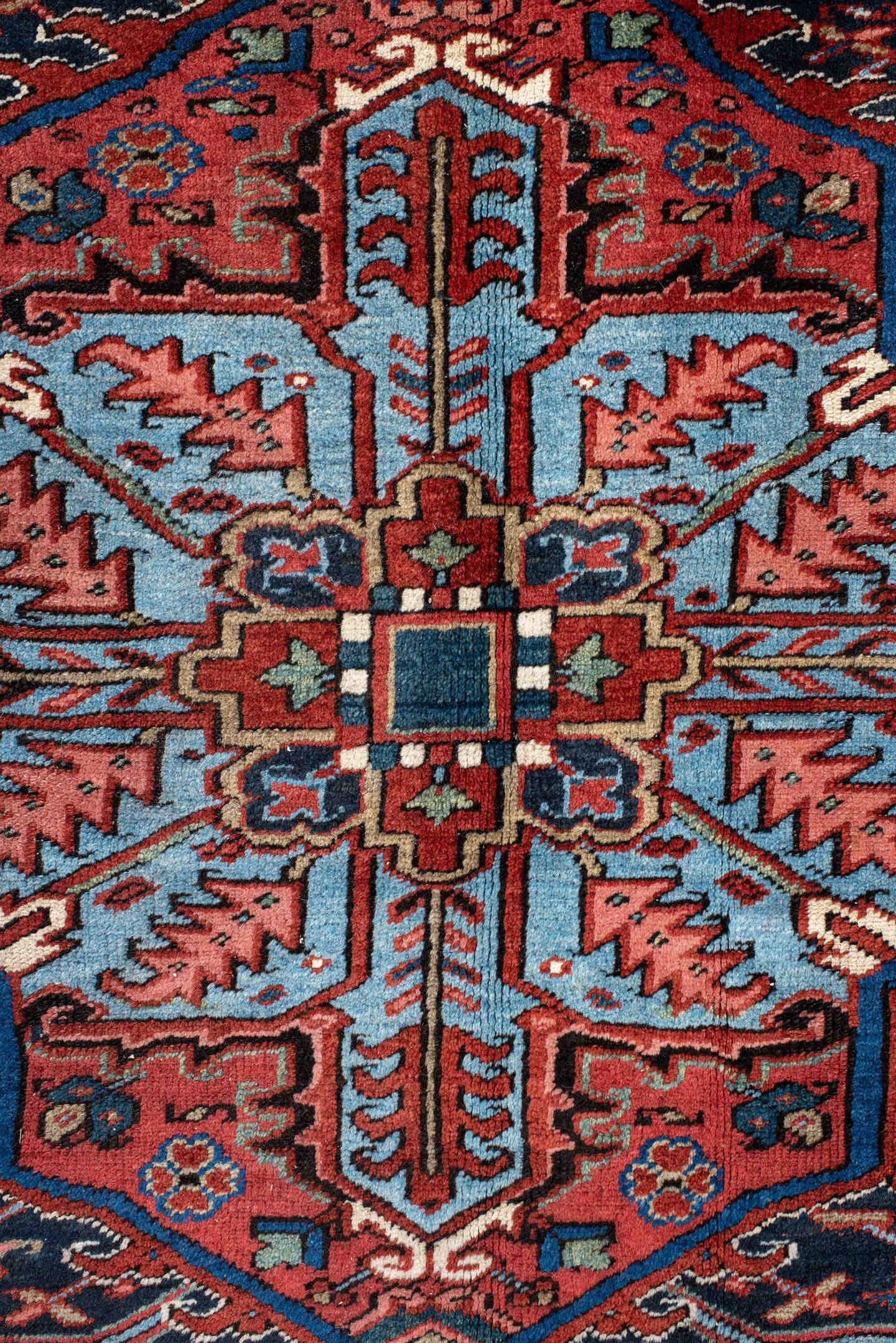 8' x 11' one-of-a-kind handmade antique Heriz large size rug. Color palette: rust, navy, ivory, sky blue, crimson, slate