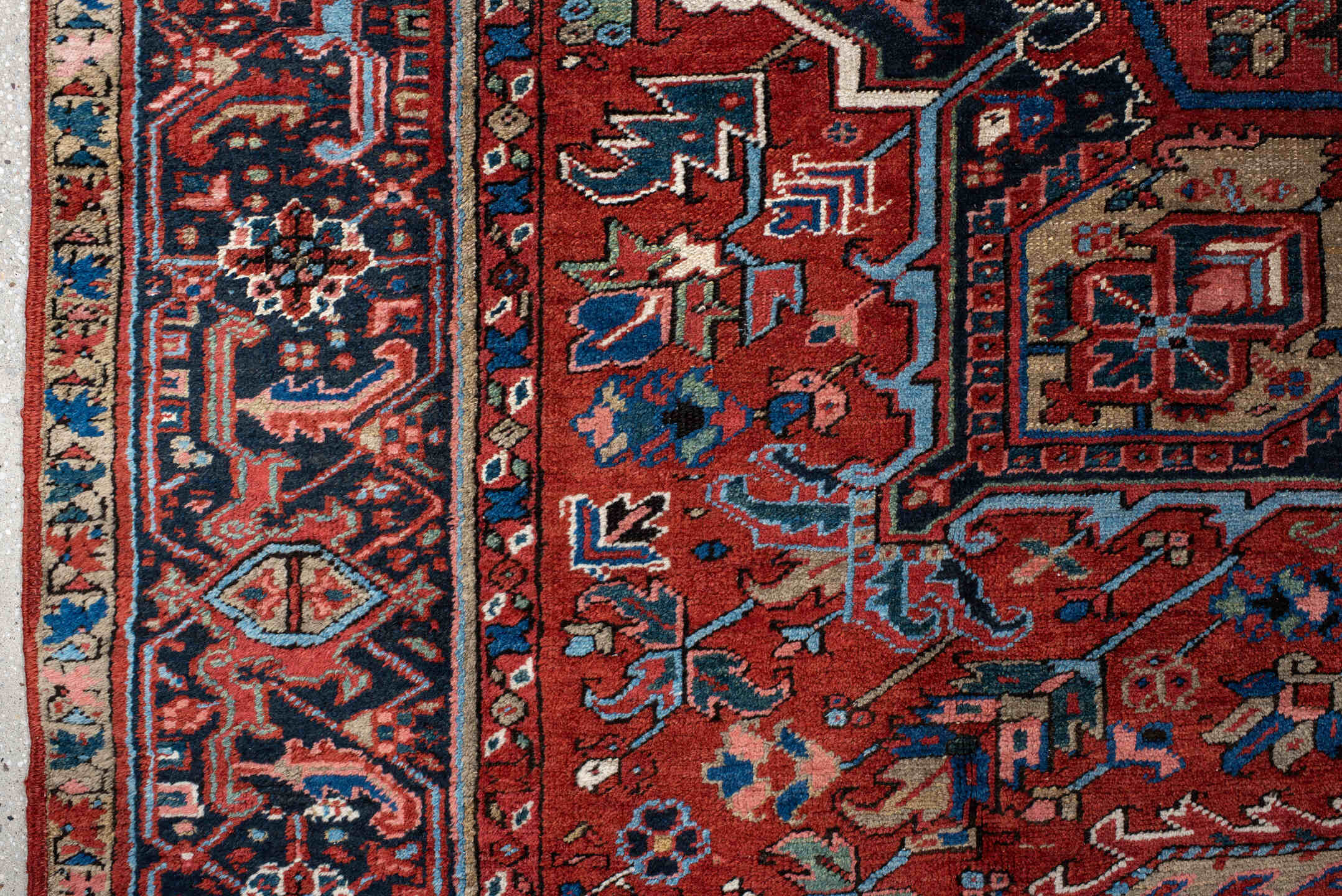 8' x 11' one-of-a-kind handmade antique Heriz large size rug. Color palette: rust, navy, ivory, sky blue, crimson, slate