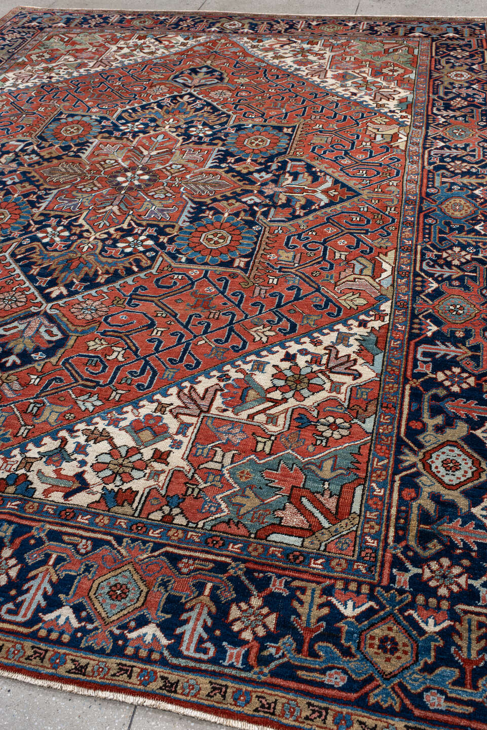 9' x 12' one-of-a-kind handmade vintage Heriz large size rug. Color palette: blue, brown, gainsboro, gray, light gray