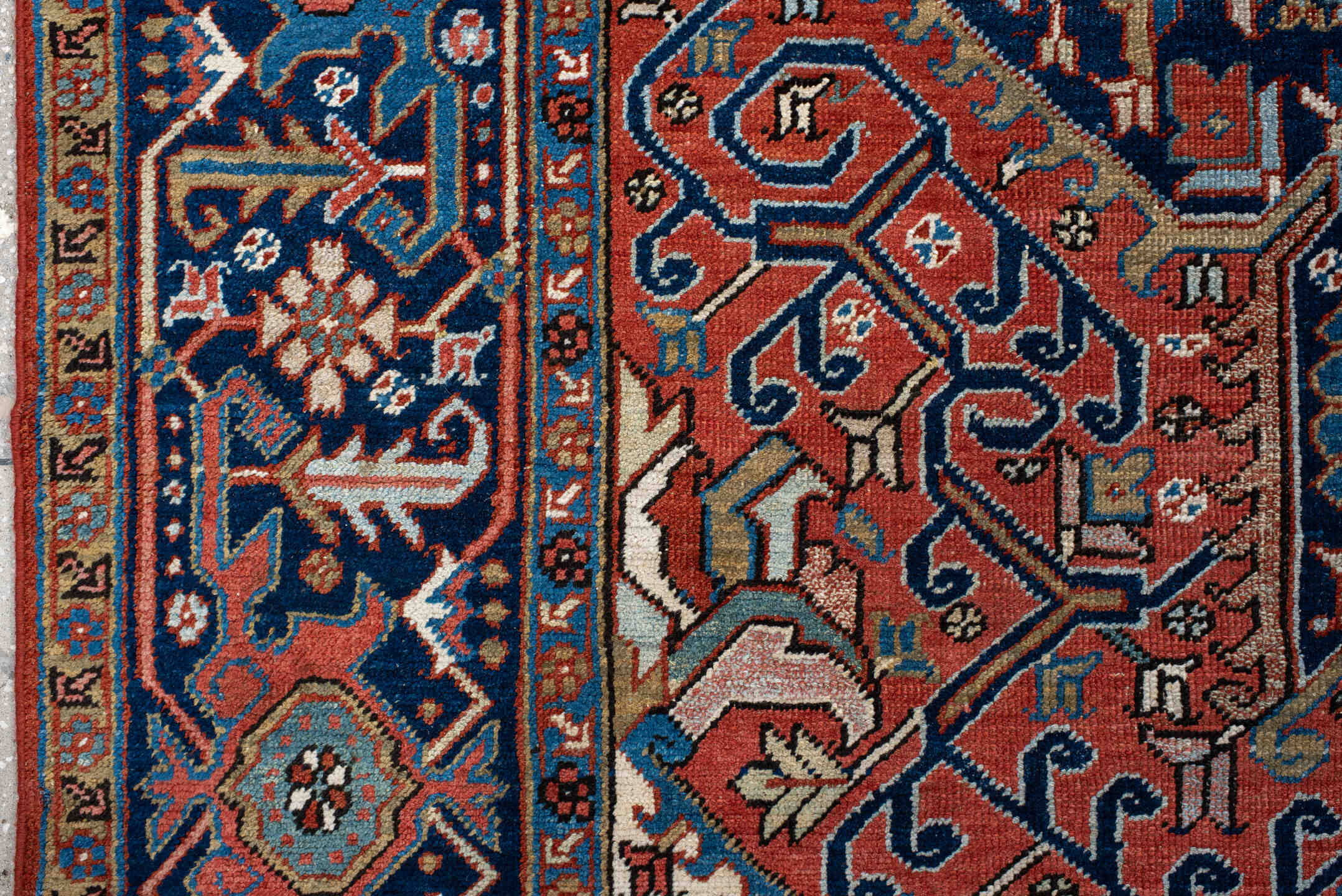 9' x 12' one-of-a-kind handmade vintage Heriz large size rug. Color palette: blue, brown, gainsboro, gray, light gray